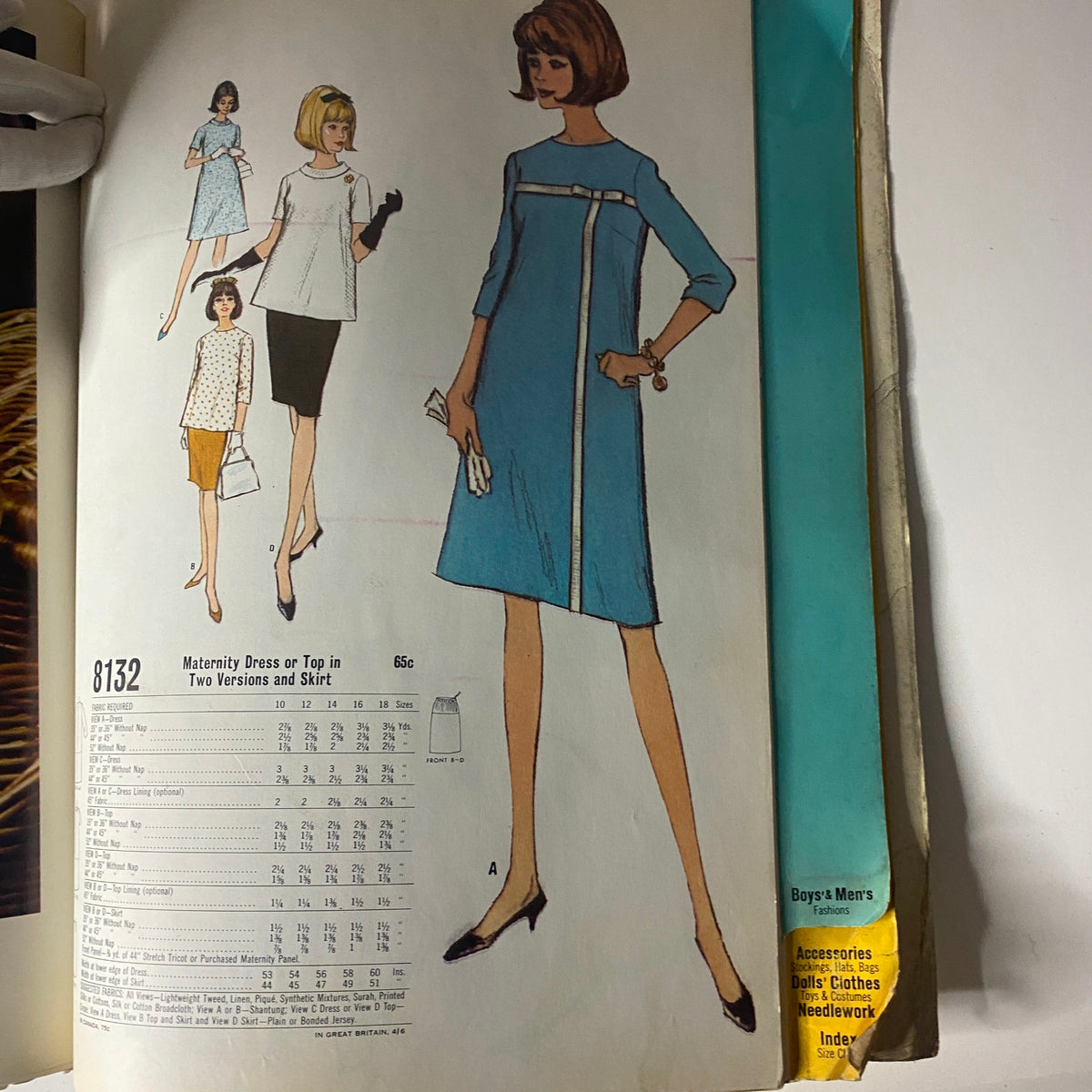 1966 February McCall's Designers' Collection Catalog displaying maternity dress patterns and chic styles. The page features luxurious dress designs suitable for mothers-to-be.