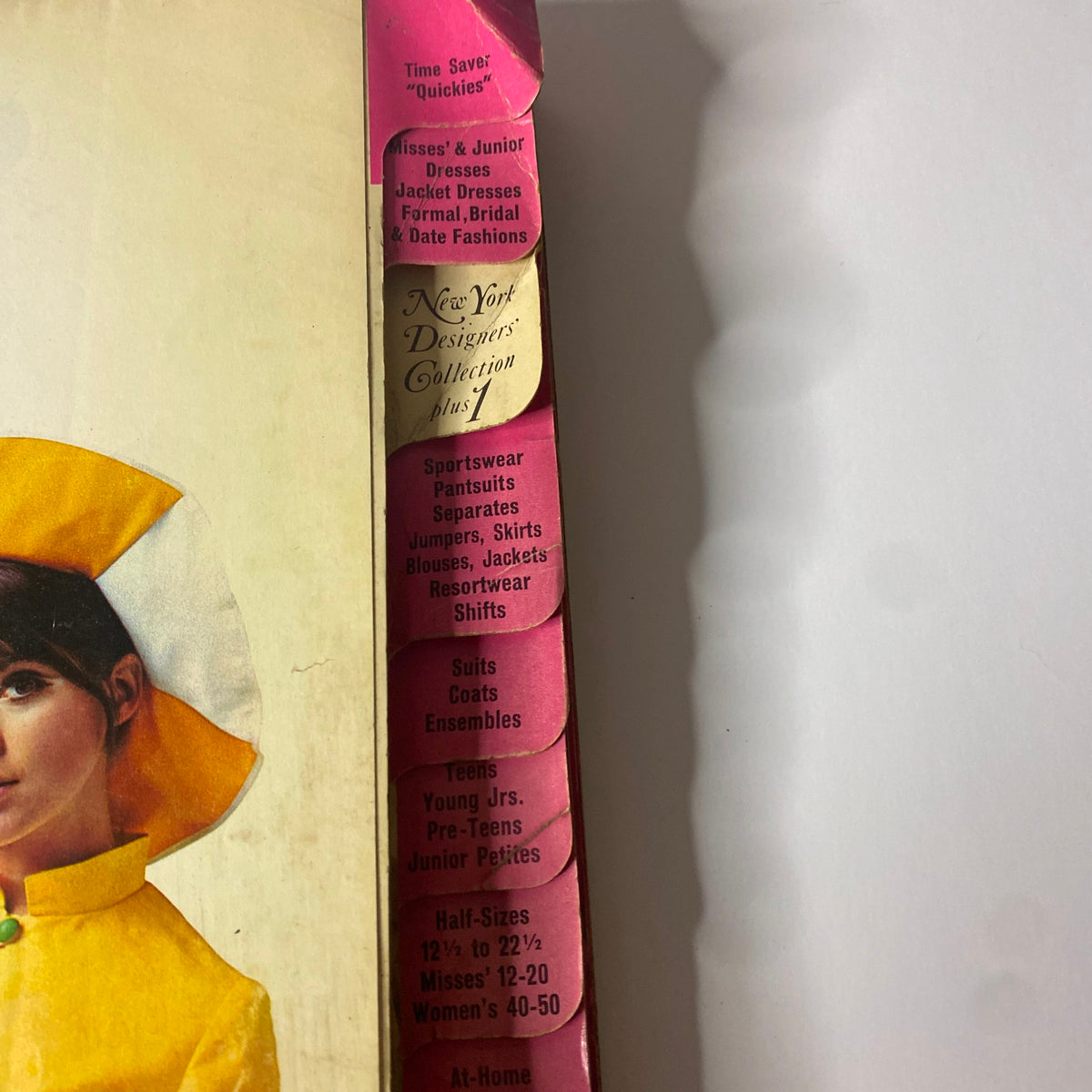 Cover detail of 1967 May McCall's New York Designers' Collection Plus, showcasing chic sewing patterns categories including Time Saver Quickies, Misses' Dresses, and Junior Dresses.