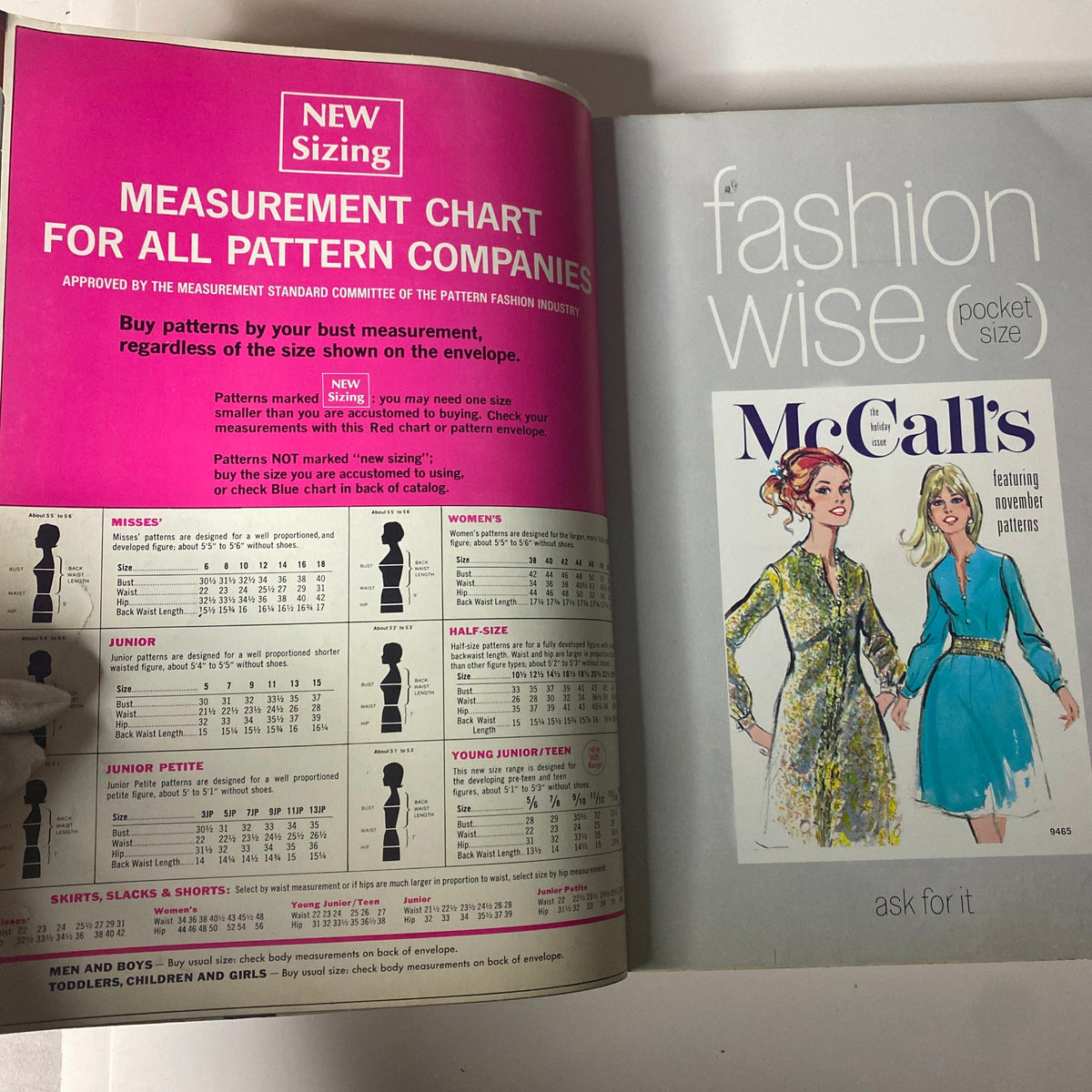 Inside page of the 1968 November McCall's Holiday Wear Catalog featuring a new sizing measurement chart for all pattern companies, highlighting various body measurements.