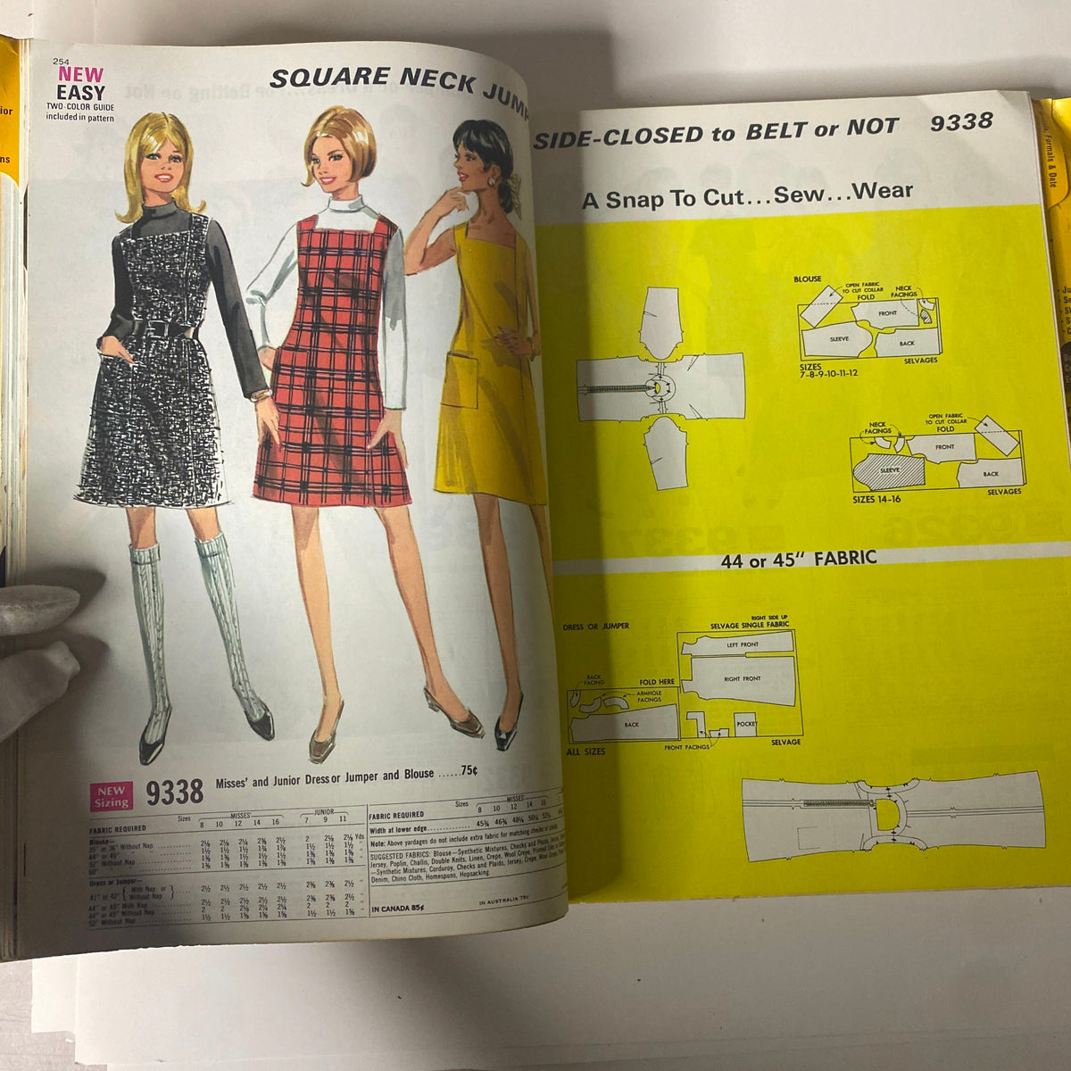 Display of jumper dress patterns from the 1968 November McCall's Holiday Wear Catalog, showcasing Misses' styles with illustrations and fabric requirements.