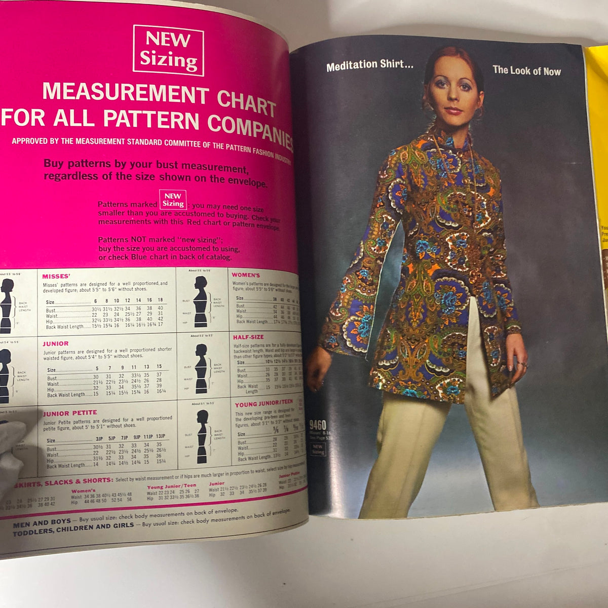 Measurement chart page from the 1968 November McCall's Holiday Wear Catalog paired with an image of a model wearing a meditation shirt, emphasizing updated sizing information.