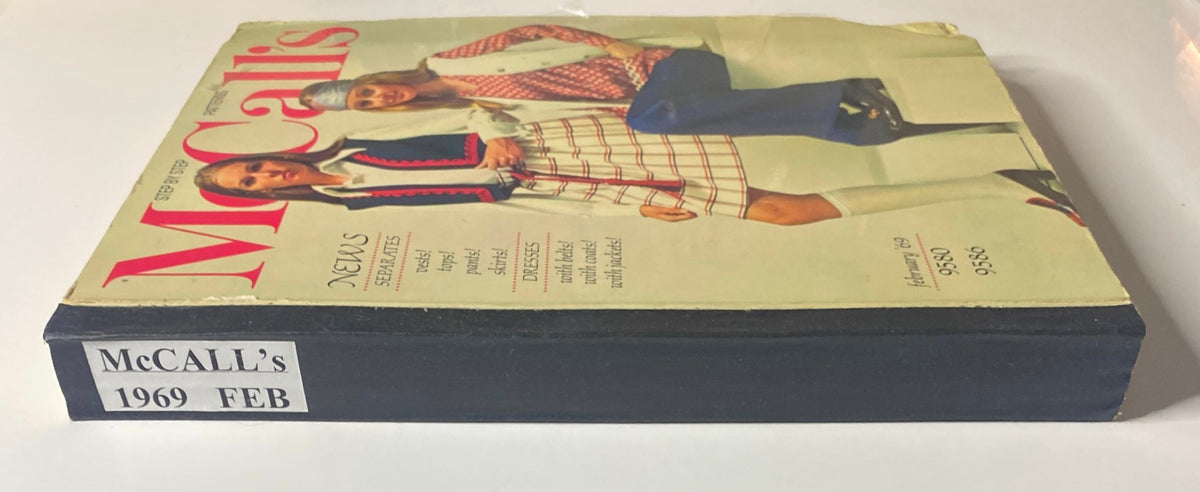 Cover of the 1969 February McCall's Step by Step Patterns Catalog featuring two models showcasing retro outfits, highlighting fashion styles of the era.