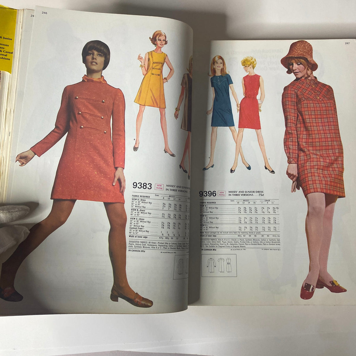 Inside pages of the 1969 February McCall's Step by Step Patterns Catalog illustrating a variety of dresses with detailed pattern layouts and fabric requirements.