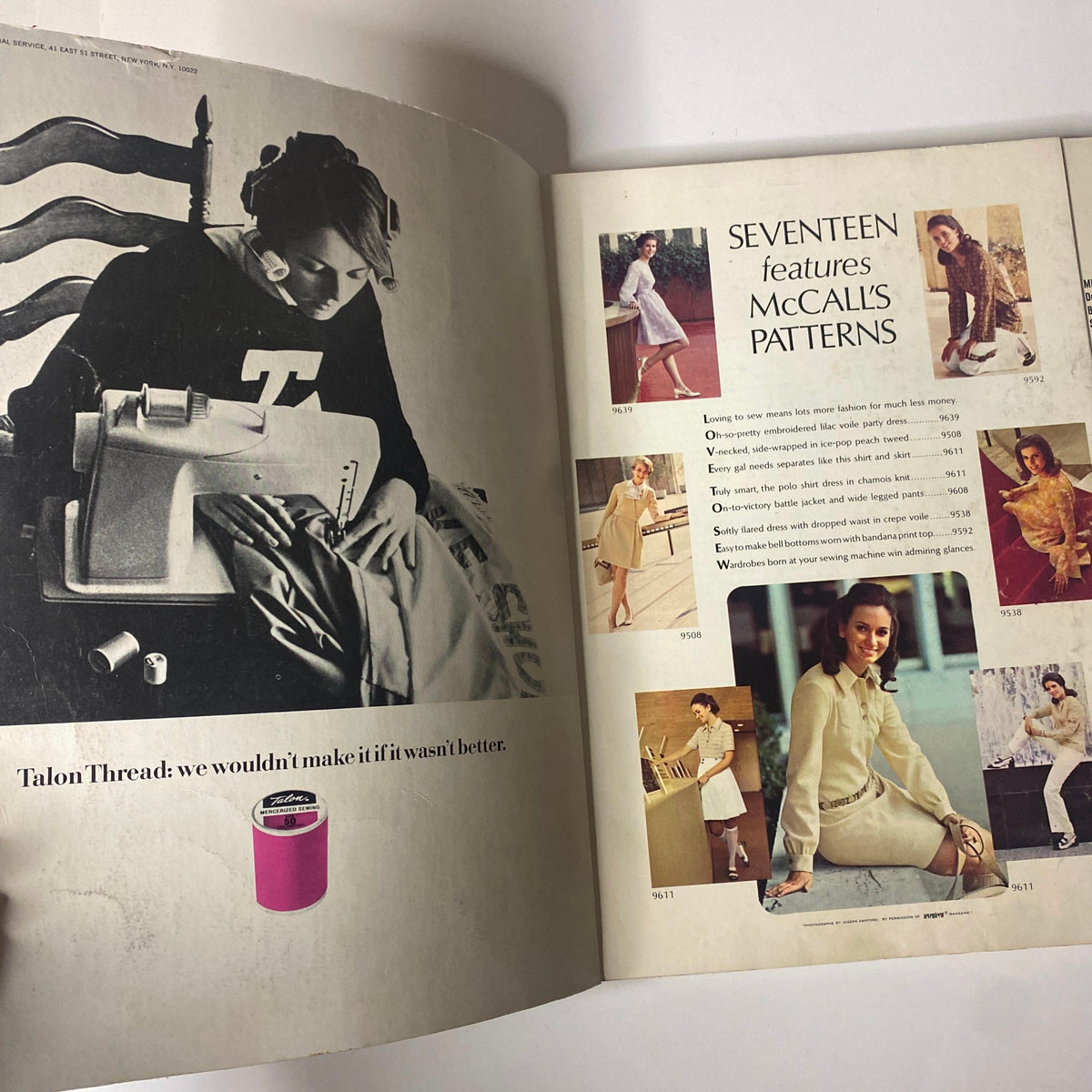 Interior page featuring a woman sewing with a sewing machine from the 1969 McCall's School Spring Catalog, showcasing various sewing patterns and styles.