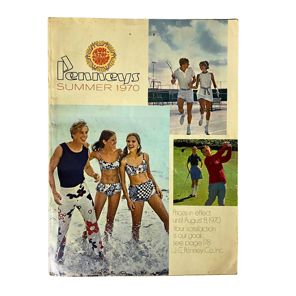 Cover of the 1970 JC Penneys Summer Catalog featuring a vibrant design with three people in swimwear enjoying the beach, along with others playing tennis and engaging in outdoor activities.