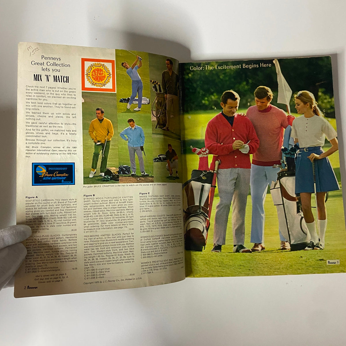 Interior page from the 1970 JC Penneys Summer Catalog displaying a colorful golfing scene with models wearing stylish golf attire, emphasizing the catalog's diverse summer product offerings.