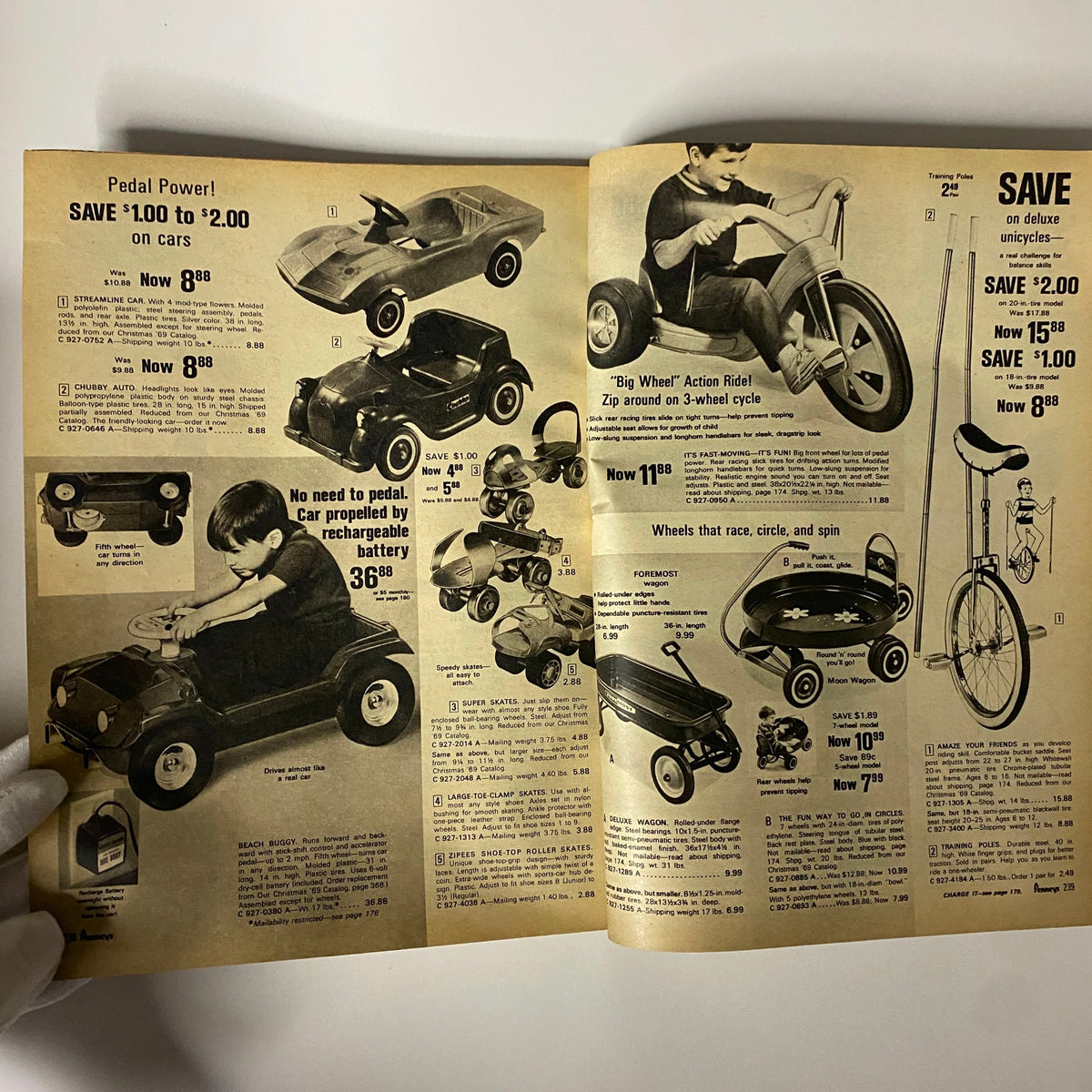 1970 JC Penneys Summer Store Catalog page showcasing pedal cars, tricycles, and outdoor toys, highlighting prices and features for children’s summer playsets.