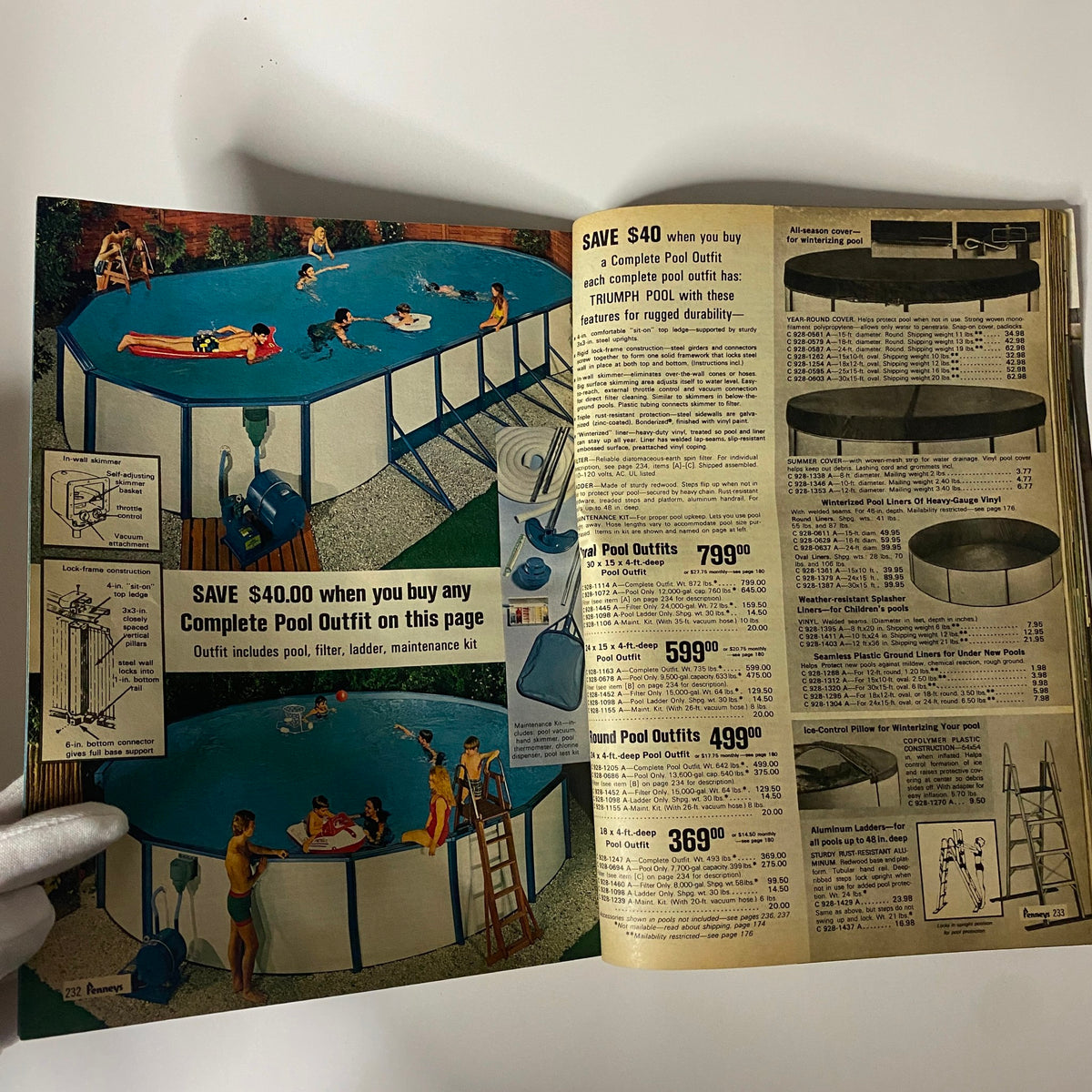 1970 JC Penneys Summer Store Catalog page featuring swimming pools, showcasing outdoor leisure products with pricing details for a complete pool outfit.