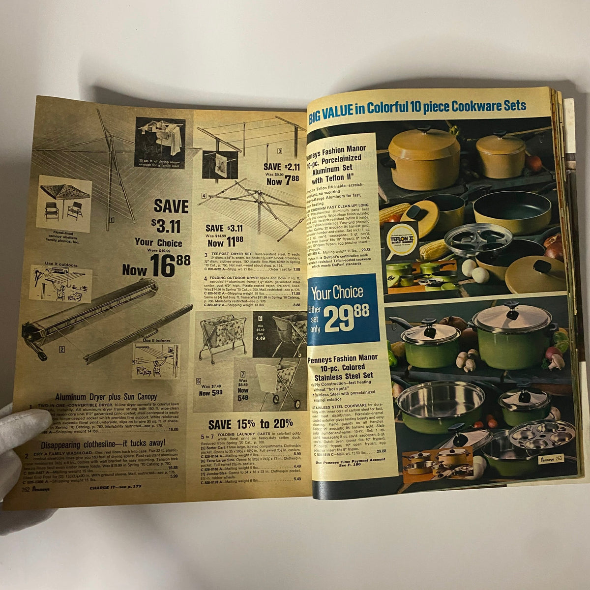 1970 JC Penneys Summer Store Catalog page displaying cookware sets and outdoor gear, emphasizing savings on kitchenware and summer essentials.