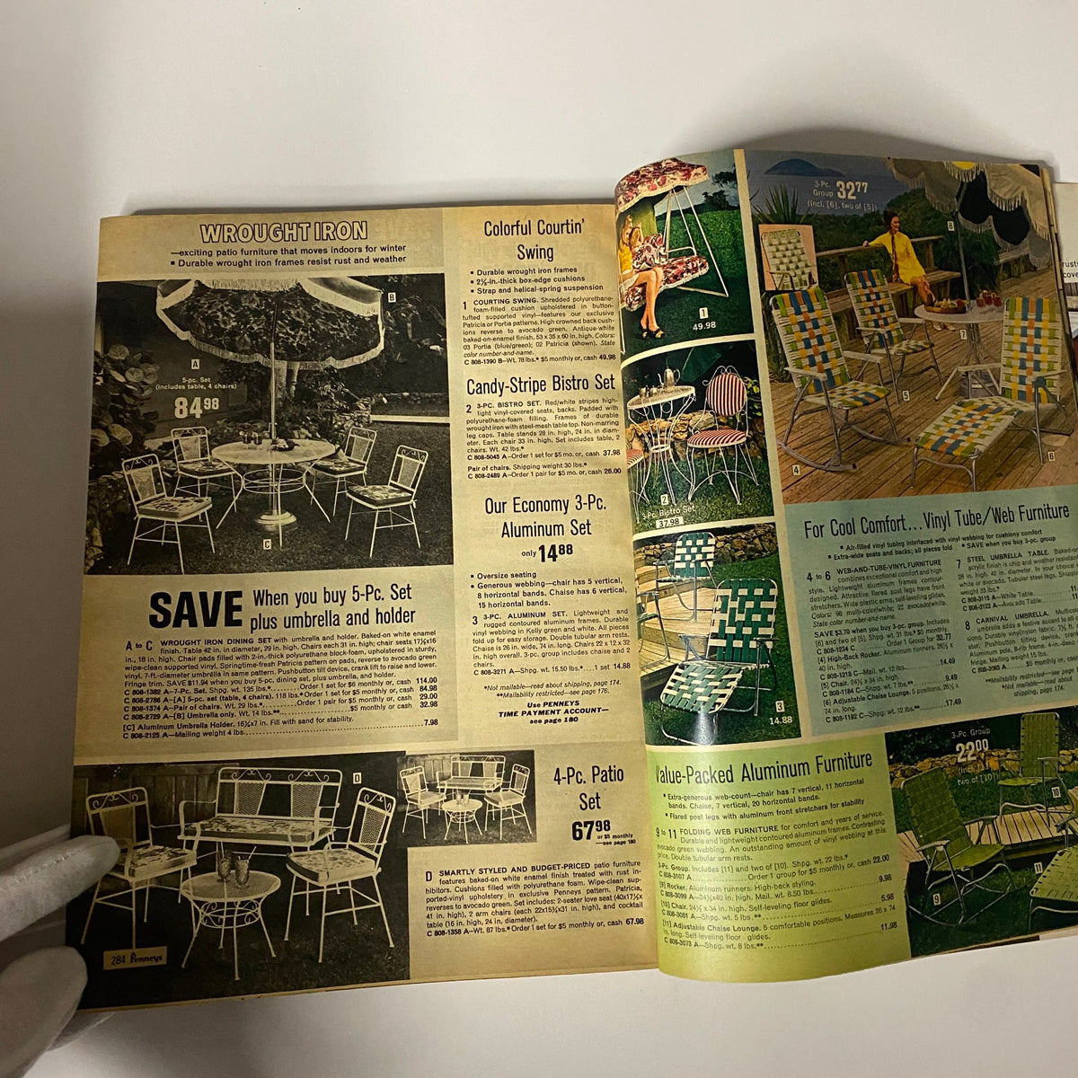 1970 JC Penneys Summer Store Catalog page illustrating patio furniture sets and outdoor swings, highlighting options for summer outdoor living.