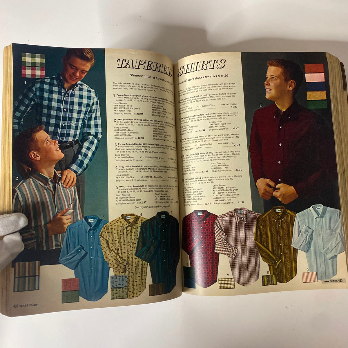1970 Sears Fall and Winter Catalog featuring tapered shirts for men, illustrating different colors and patterns available for fashionable styles.