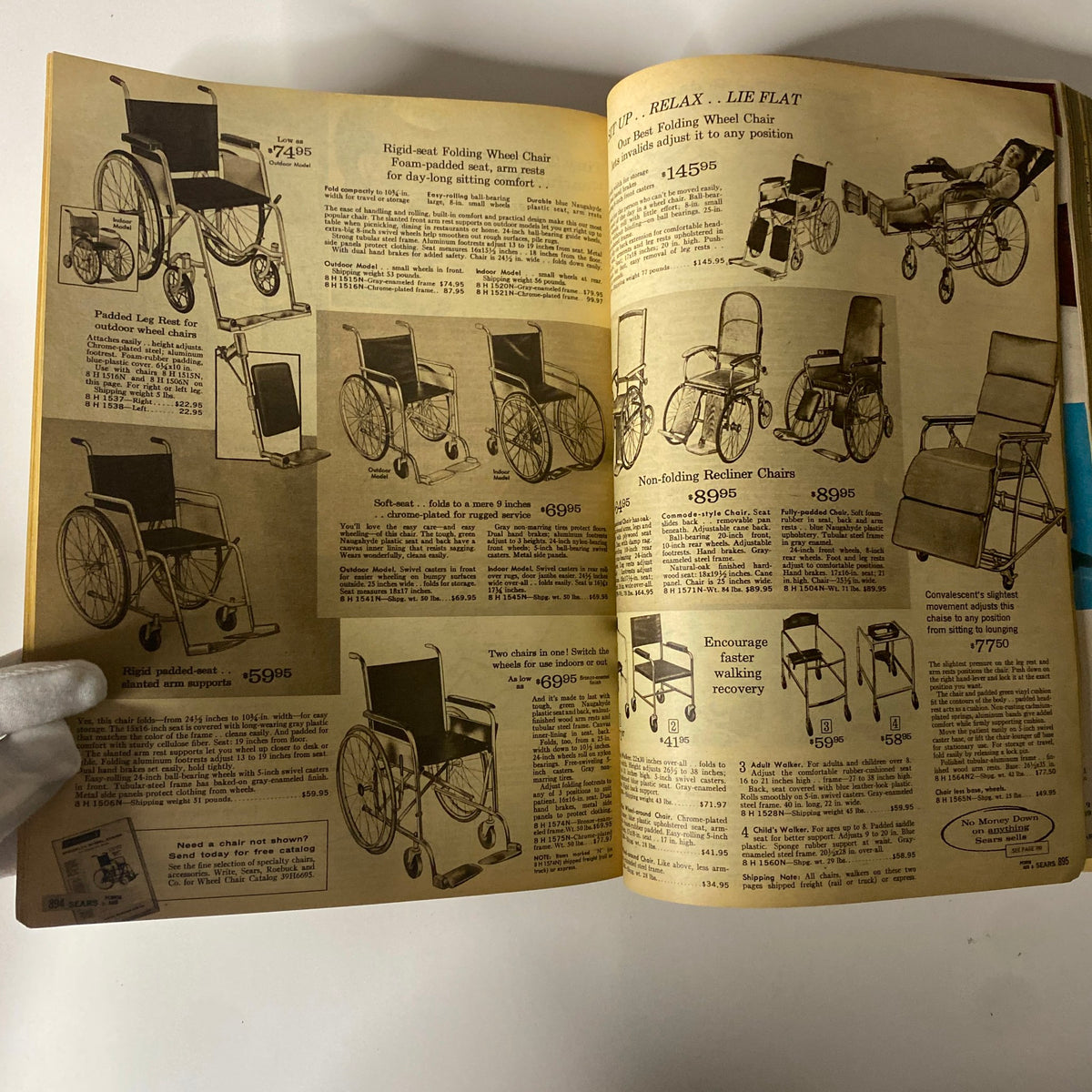 1970 Sears Fall and Winter Catalog presenting a selection of wheelchairs and reclining chairs, emphasizing various designs for comfort and mobility.