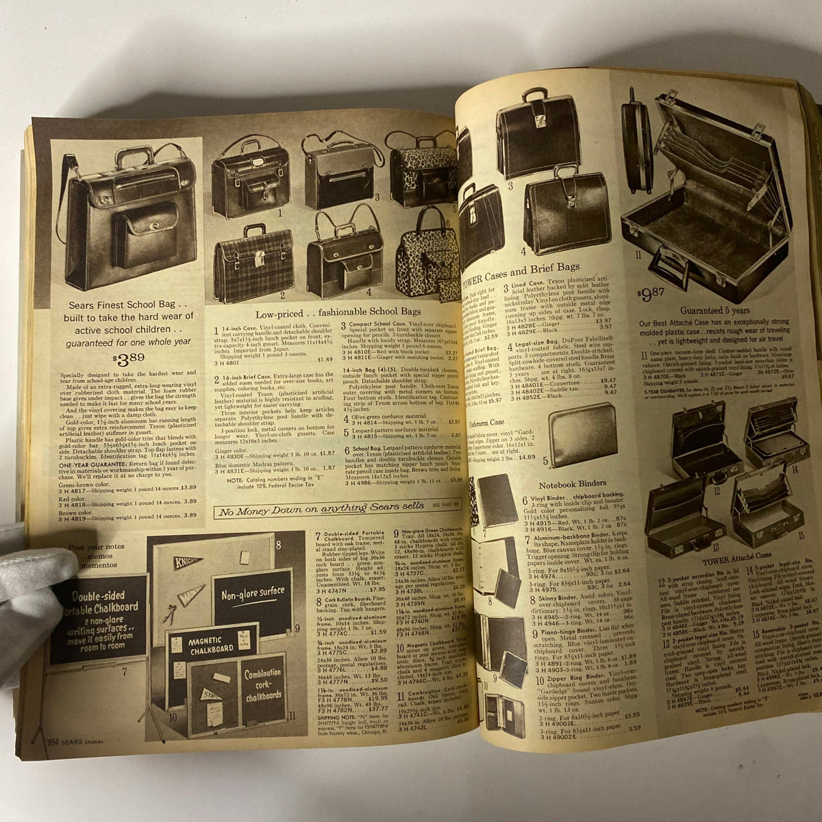 1970 Sears Fall and Winter Catalog showcasing a variety of school bags and briefcases, highlighting fashionable school items with pricing details.