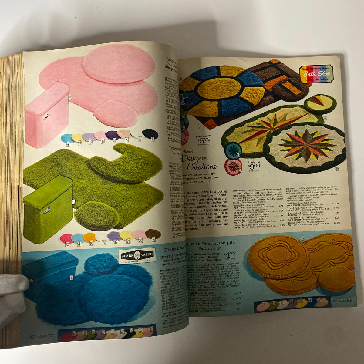 1970 Sears Fall and Winter Catalog presenting colorful bath rugs and mats, showcasing fun designs and affordable pricing for bath decor.