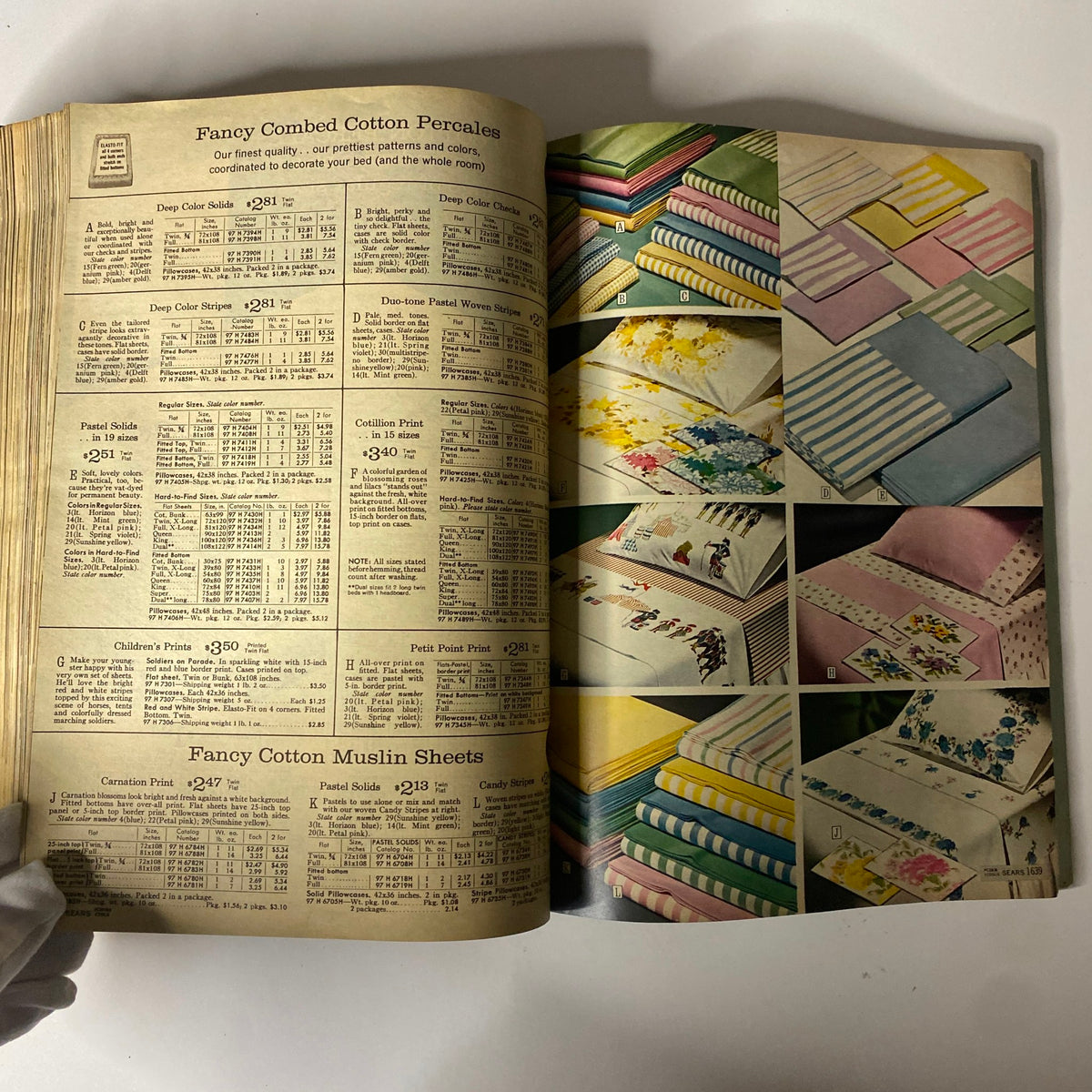 1970 Sears Fall and Winter Catalog illustrating a variety of fancy cotton percale sheets, highlighting vibrant patterns and prices for home textiles.