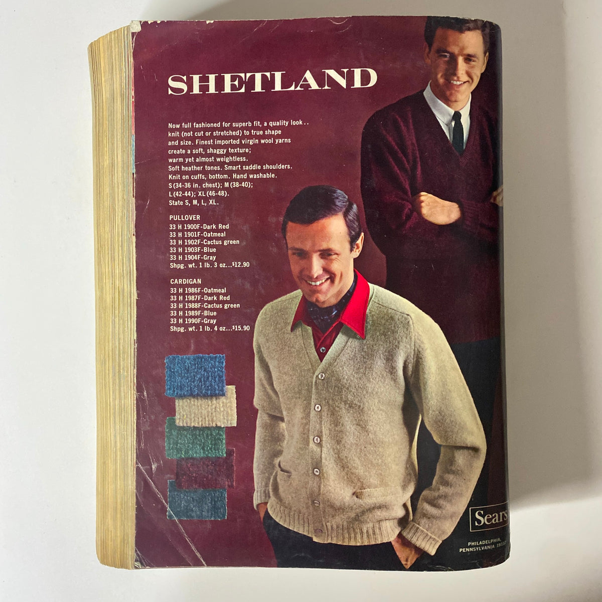 Cover image of the 1970 Sears Fall and Winter Catalog featuring a Shetland sweater advertisement. The design showcases men modeling sweaters and provides detailed information about available products, including colors and prices.