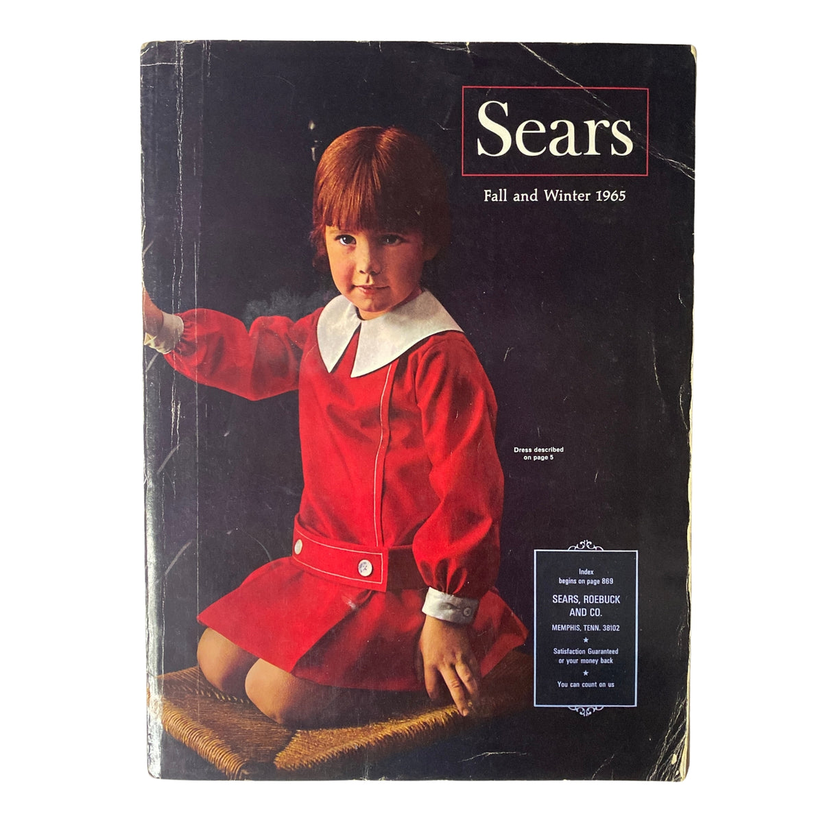 Cover of the 1965 Sears Fall and Winter Catalog showcasing a young girl in a red dress with a white collar. The catalog represents a nostalgic look at 1960s American apparel and retail.
