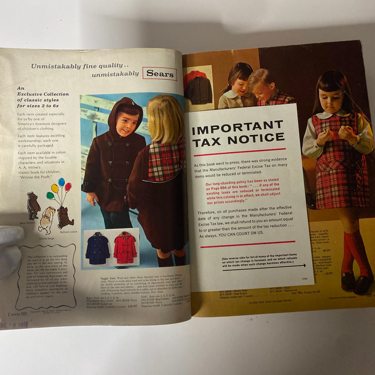 Inside spread of the 1965 Sears Fall and Winter Catalog highlighting children's fashion with models dressed in various outfits. The catalog illustrates styles and trends from the 1960s.