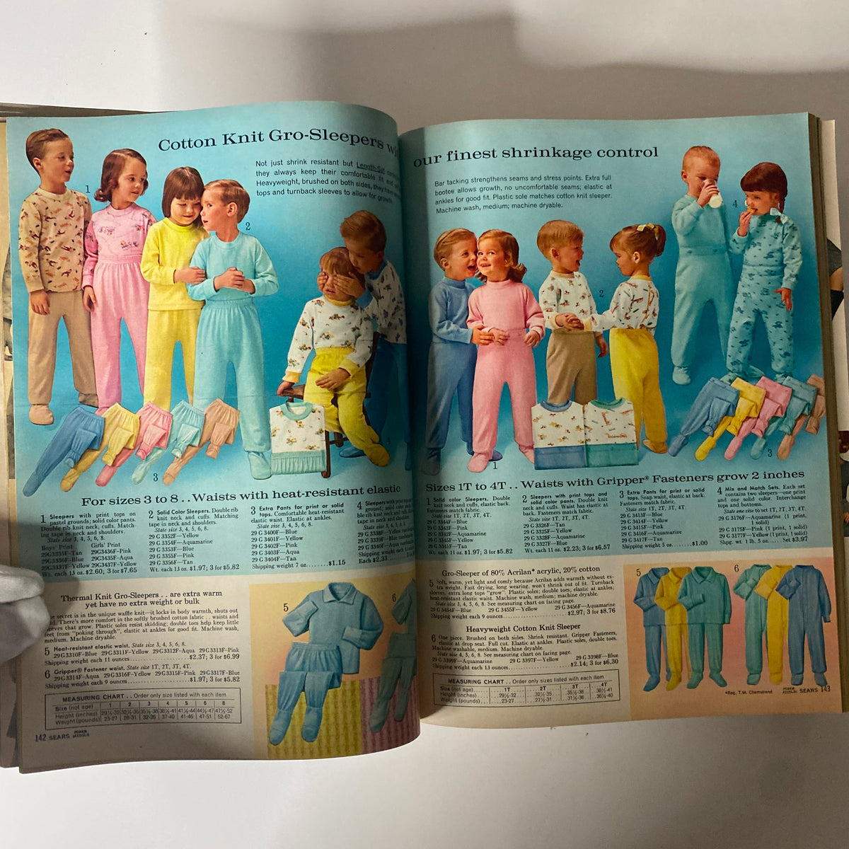 1965 Sears Fall and Winter Catalog illustrating children's sleepwear options, featuring colorful cotton knit gro-sleepers for sizes 3 to 8.