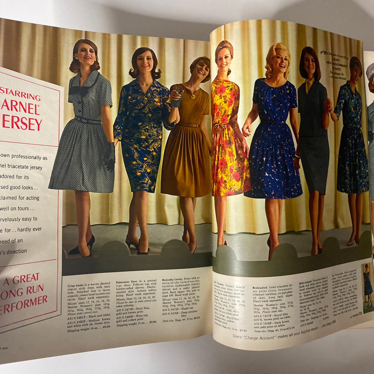 1965 Sears Fall and Winter Catalog displaying women in stylish dresses made of tricot jersey, highlighting varied patterns and silhouettes.