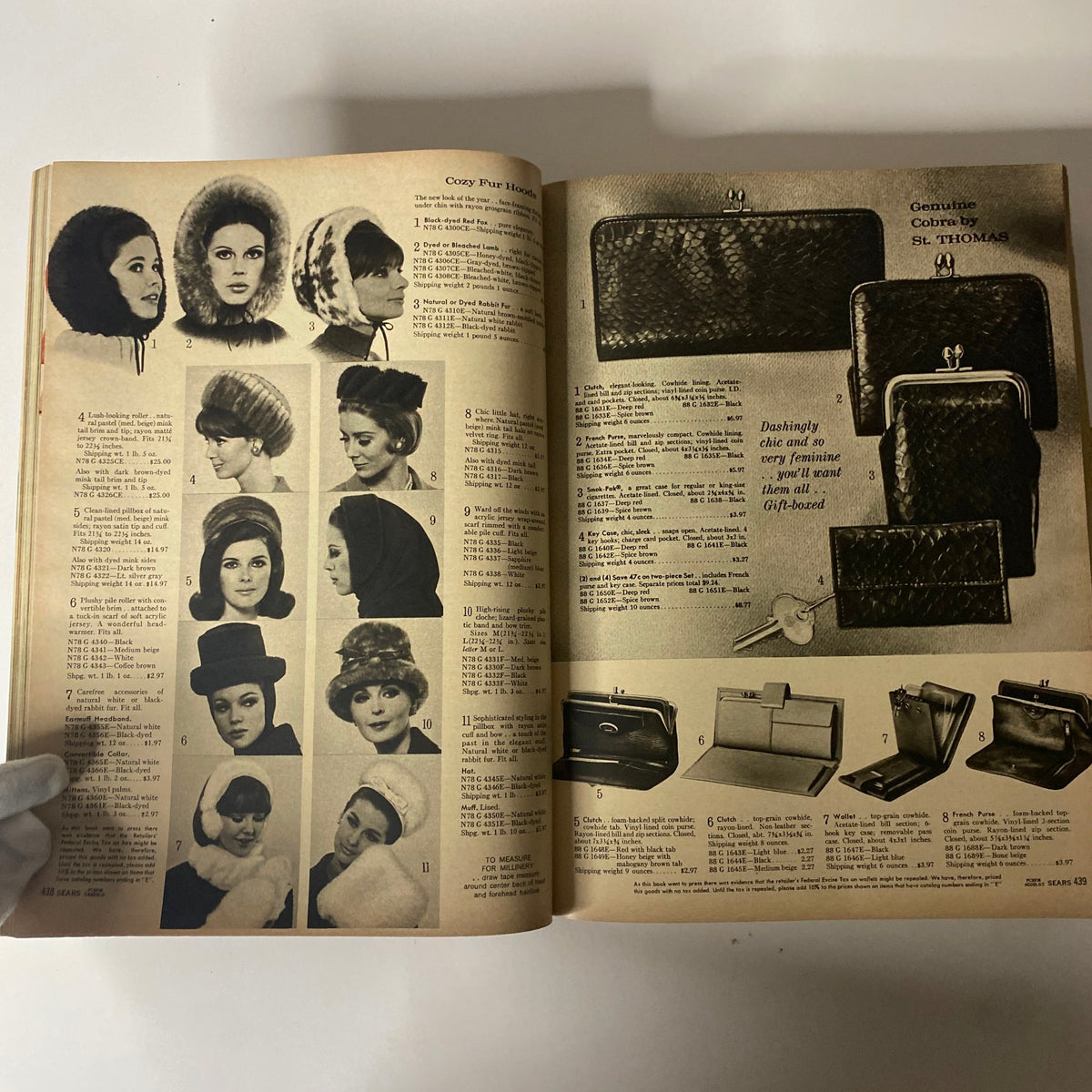 1965 Sears Fall and Winter Catalog featuring a range of winter accessories including hats and wallets, emphasizing vintage fashion trends.