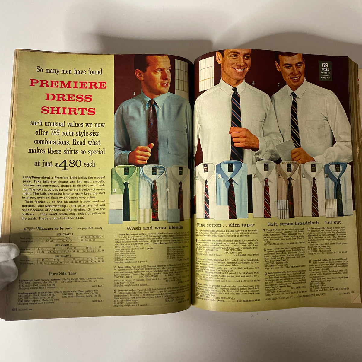 1965 Sears Fall and Winter Catalog showing a selection of premiere dress shirts for men, with various styles and colors presented.