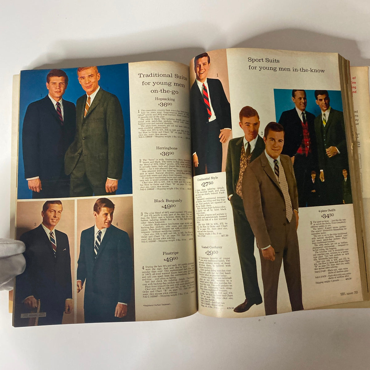 1965 Sears Fall and Winter Catalog illustrating traditional and sport suits for young men, highlighting fashionable looks of the era.