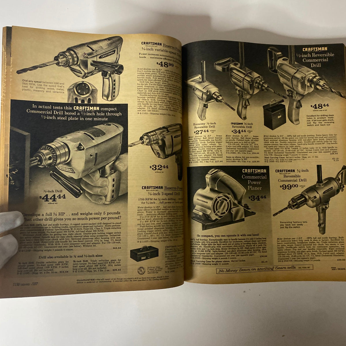 Image from the 1965 Sears Fall and Winter Catalog displaying a variety of Craftsman drills and power planers with informative descriptions and price listings.