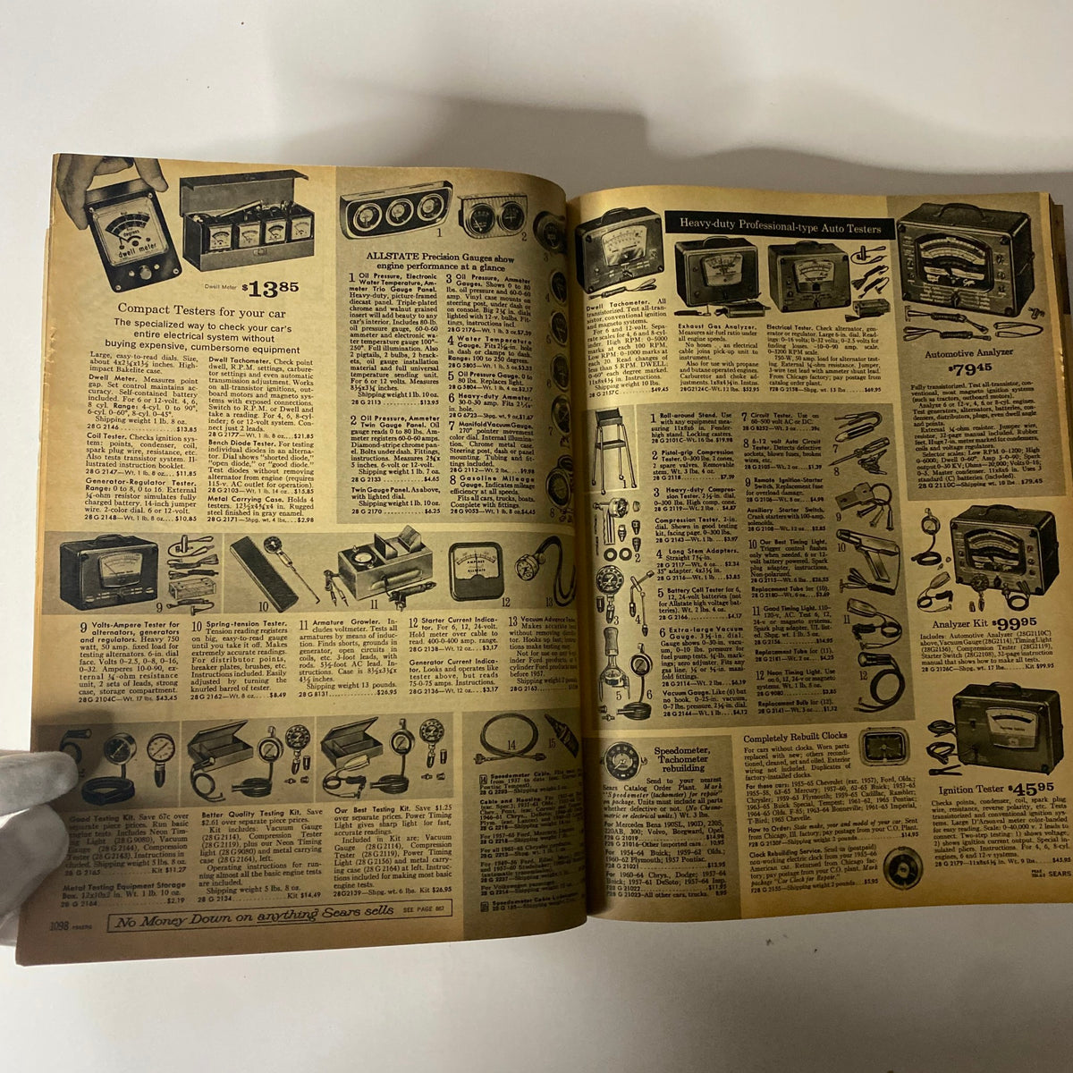 Selection of automotive testers and gauges featured in the 1965 Sears Fall and Winter Catalog with detailed visuals and pricing for each product.