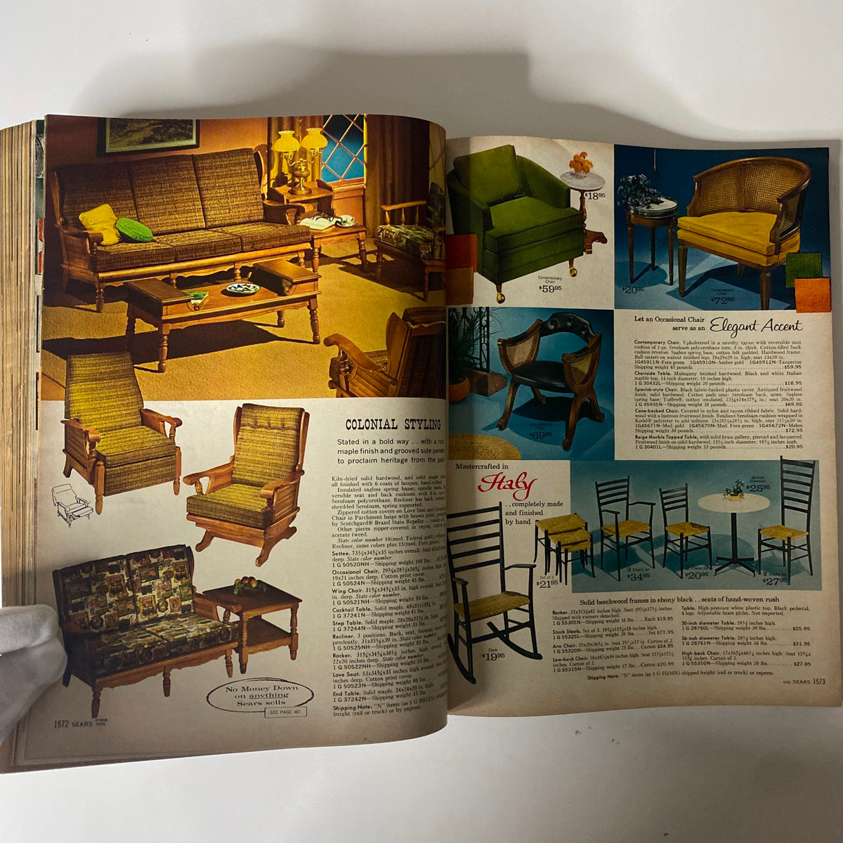 Interior furniture page from the 1965 Sears Fall and Winter Catalog illustrating Colonial-style seating with pricing and design descriptions.