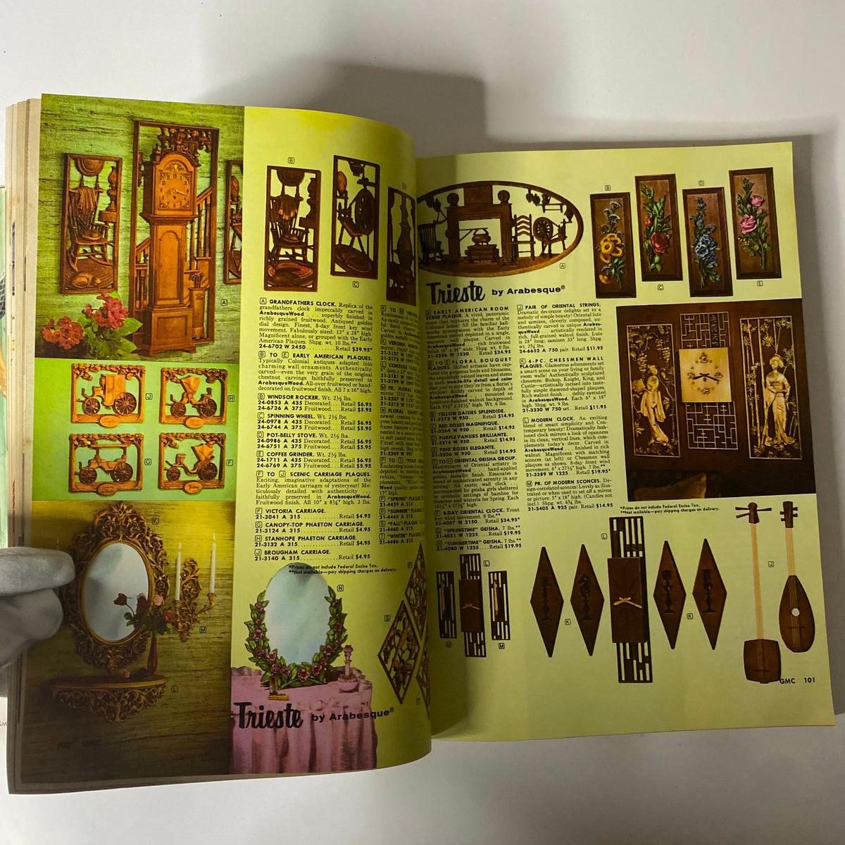 Interior pages from the 1961 General Merchandise Company Spring and Summer Catalog showcasing home décor items including mirrors, clocks, and decorative wall art.