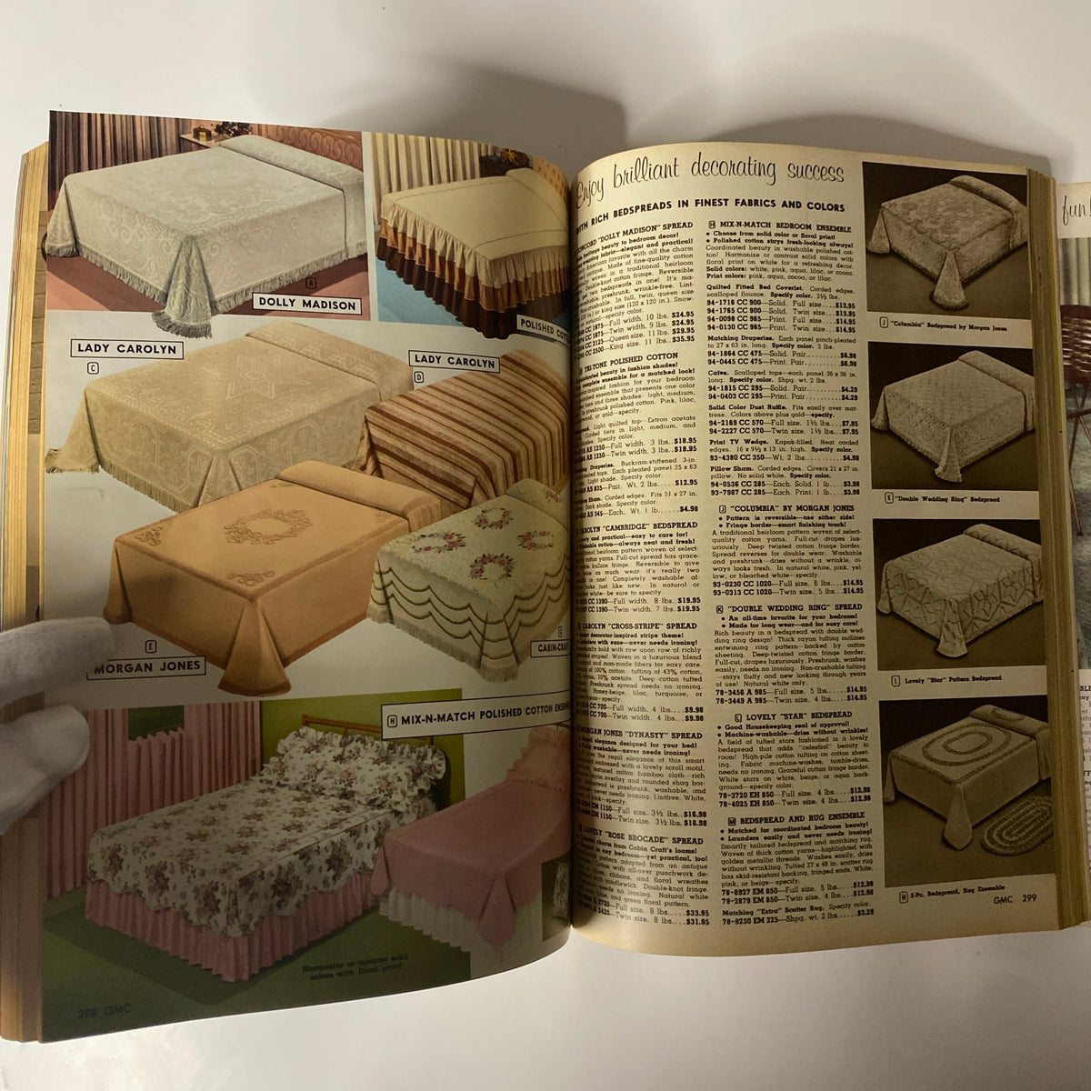 Assorted bedspreads and decorative linens featured in the 1961 General Merchandise Company Spring and Summer Catalog, displaying various styles and colors.