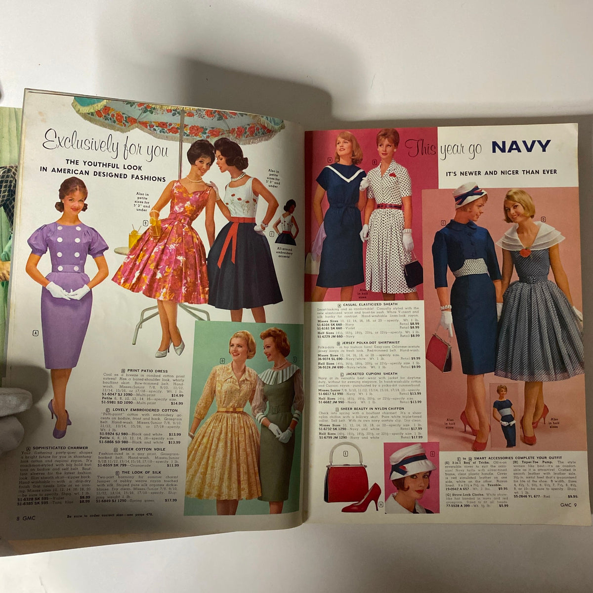 Fashion designs highlighted in the 1961 General Merchandise Company Spring and Summer Catalog, showcasing women's clothing styles, accessories, and vibrant patterns.