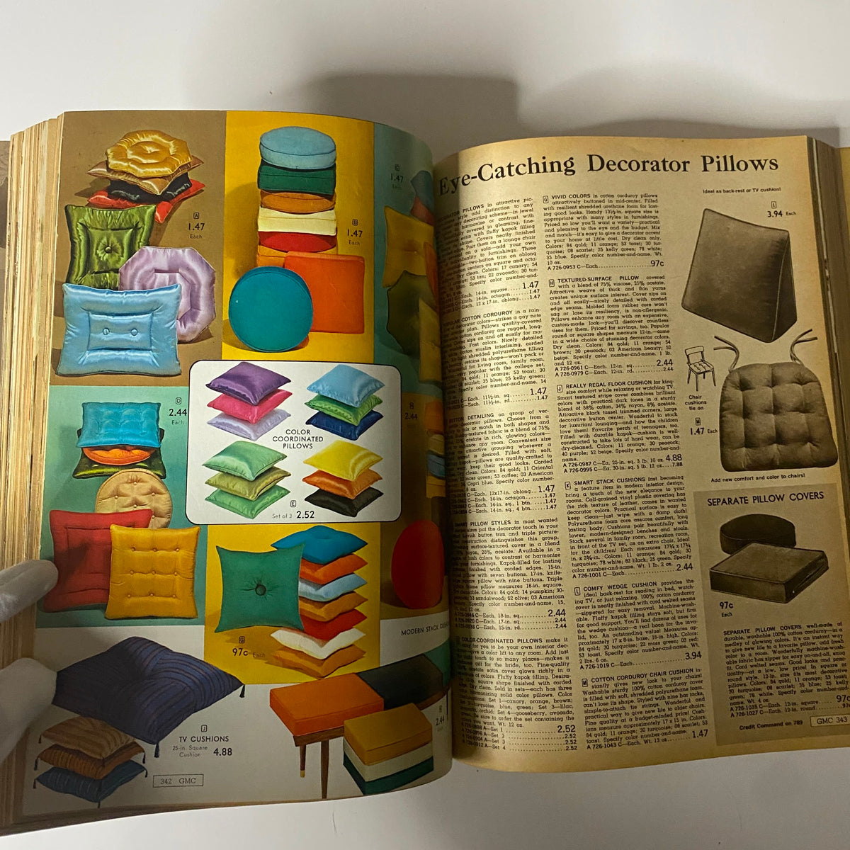 1963 General Merchandise Company Spring and Summer Catalog page dedicated to vibrant decorative pillows, showcasing various colors, shapes, and pricing.