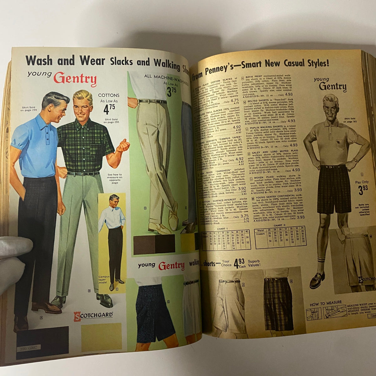 1963 General Merchandise Company Spring and Summer Catalog featuring young men's casual styles, highlighting wash and wear slacks and walking shorts with pricing information and product descriptions.