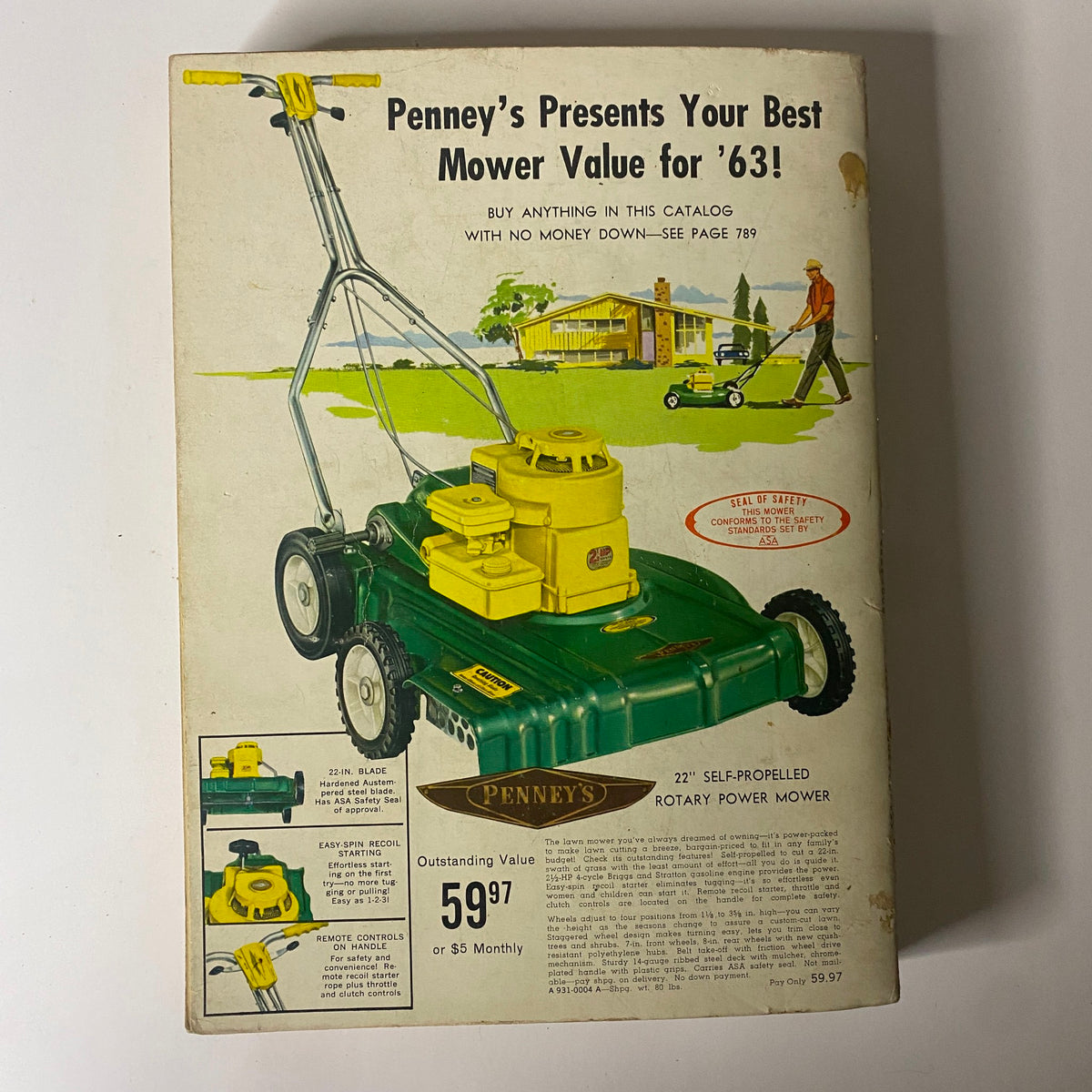 Vintage 1963 General Merchandise Company Spring and Summer Catalog cover featuring Penney's self-propelled rotary power mower, showcasing colorful graphics and product details.