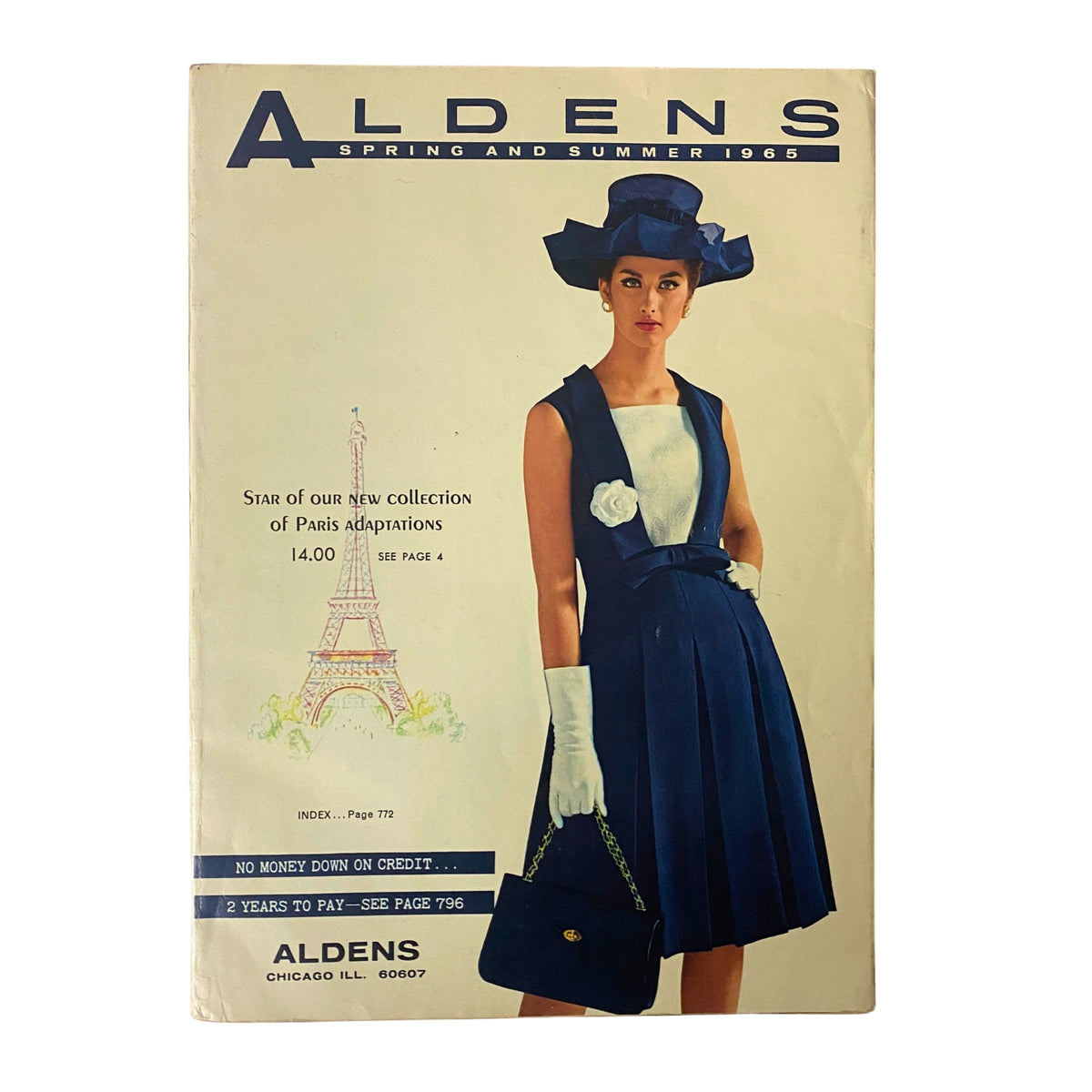 Cover of the 1965 Aldens Spring and Summer Catalog featuring a model in a stylish blue dress and hat, showcasing the fashion trends of the mid-1960s.