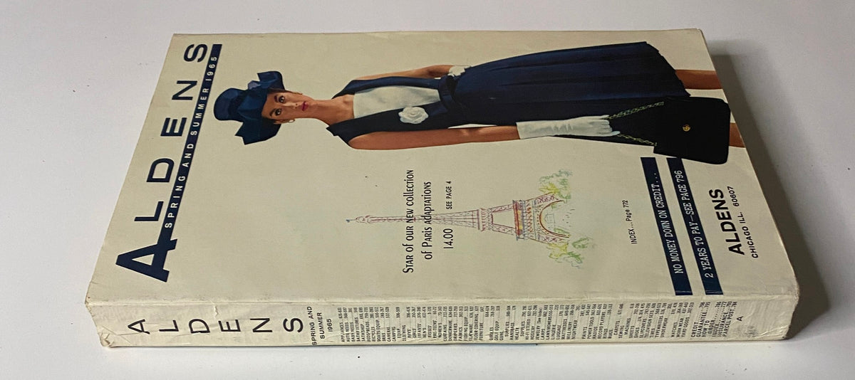 Side view of the 1965 Aldens Spring and Summer Catalog displaying the same model in blue attire, emphasizing the catalog's vintage retail design.