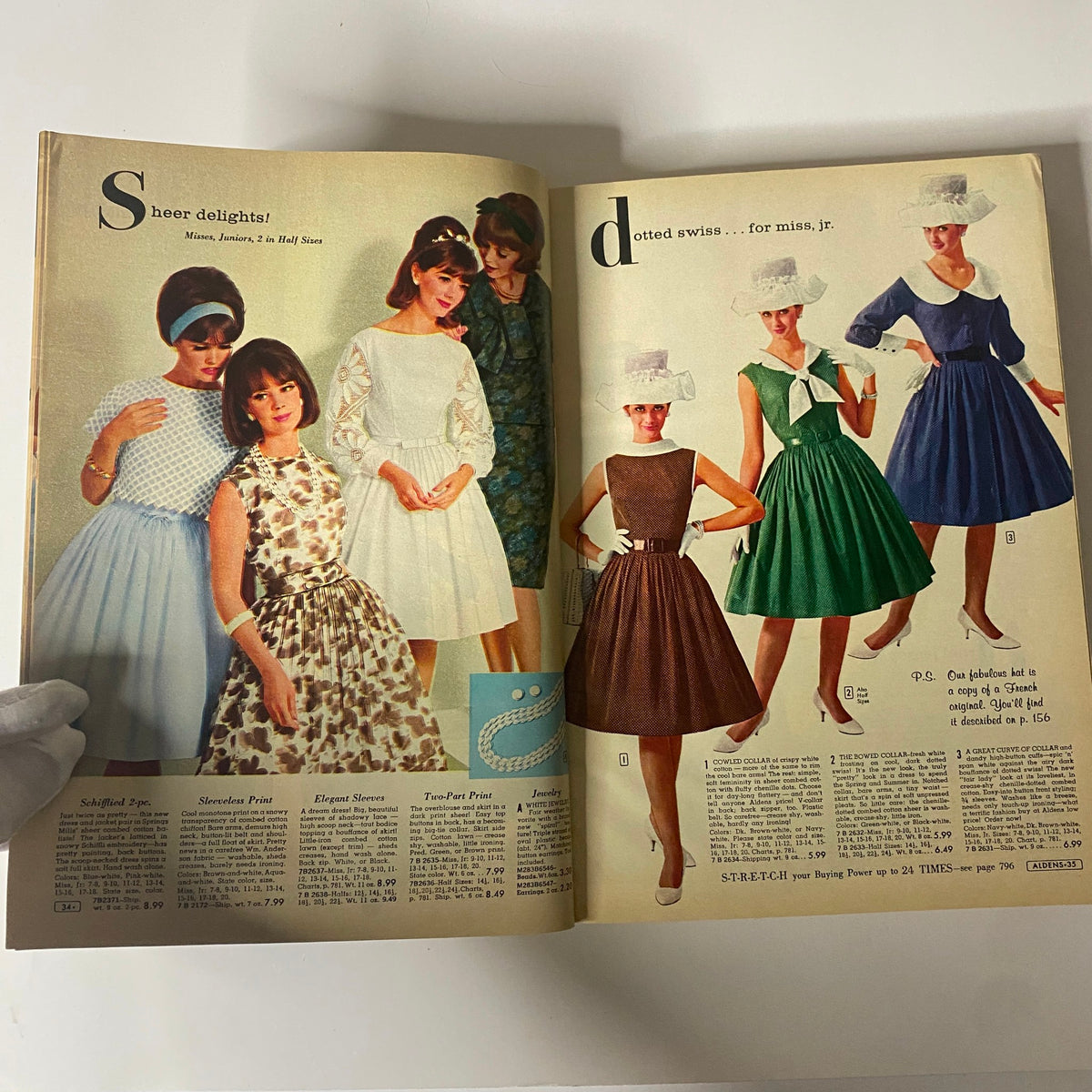 1965 Aldens Spring and Summer Catalog showcasing mid-century women's fashion with diverse dress styles, including sheer and dotted designs, from the original catalog.