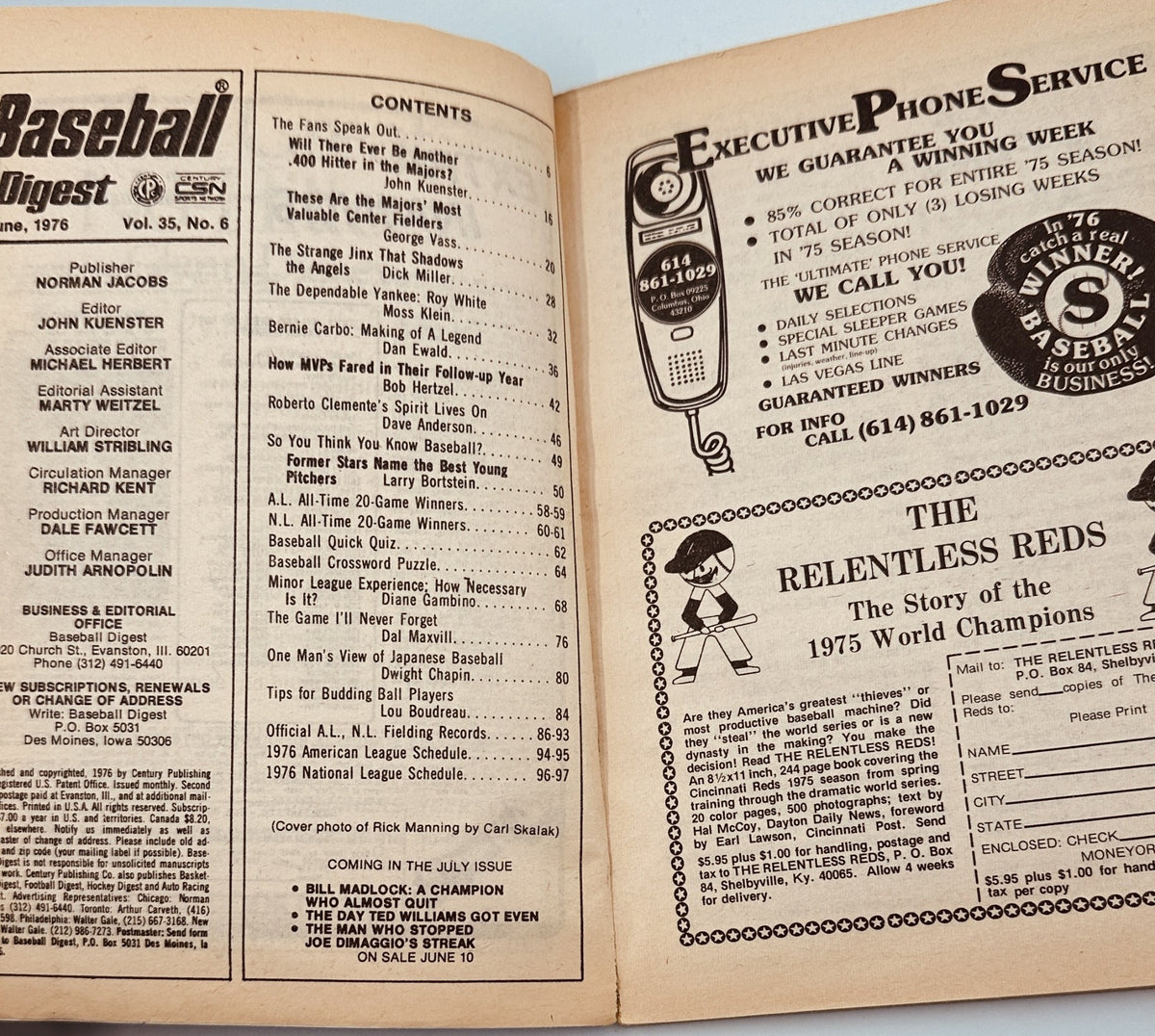 Inside page of Baseball Digest Magazine June 1976 showing the Table of Contents, covering topics like former stars and player statistics.