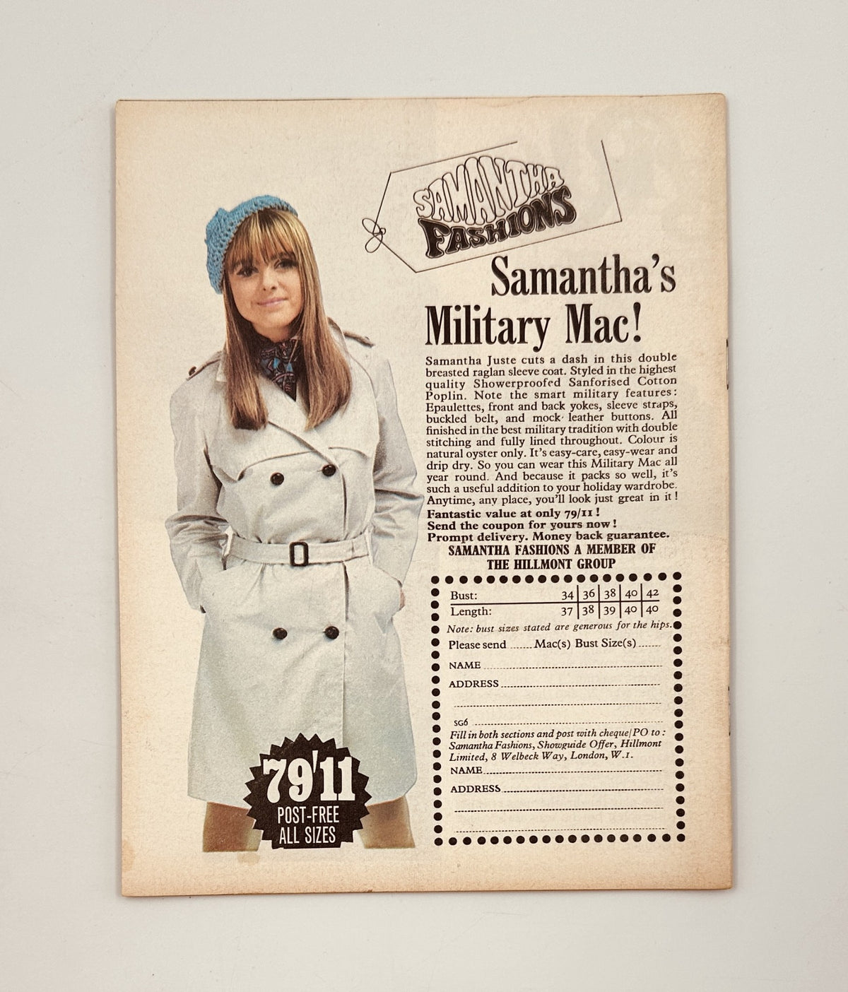 Vintage magazine advertisement featuring a model wearing a military-style coat, titled 'Samantha's Military Mac', from the Showguide Magazine September 1968 issue with Robert Mitchum and Petula Clark.