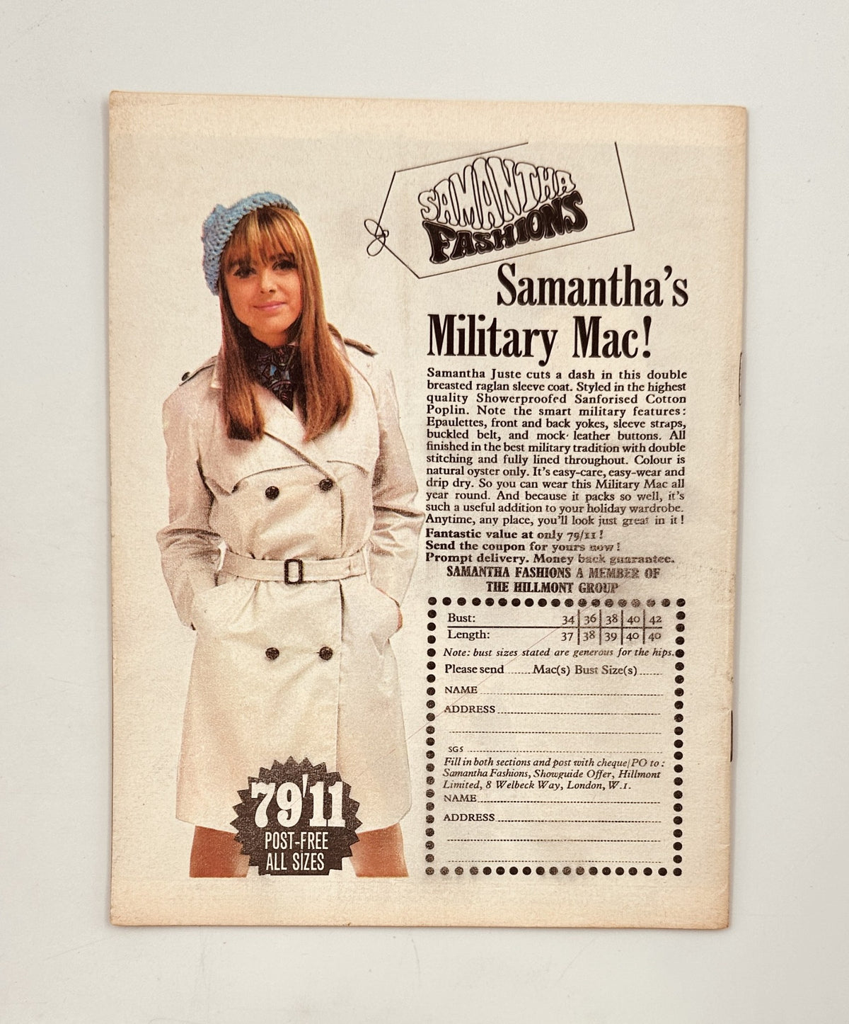 Back cover of Showguide Magazine August 1968 showcasing an advertisement for Samantha's military mac, illustrating vintage fashion trends.