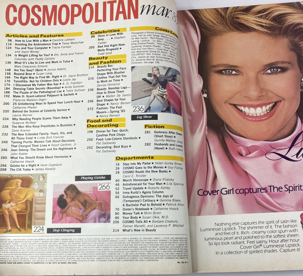 Inside spread of Cosmopolitan Magazine March 1985 showcasing articles and features, including discussions on women's lives, celebrity insights, and fashion content.