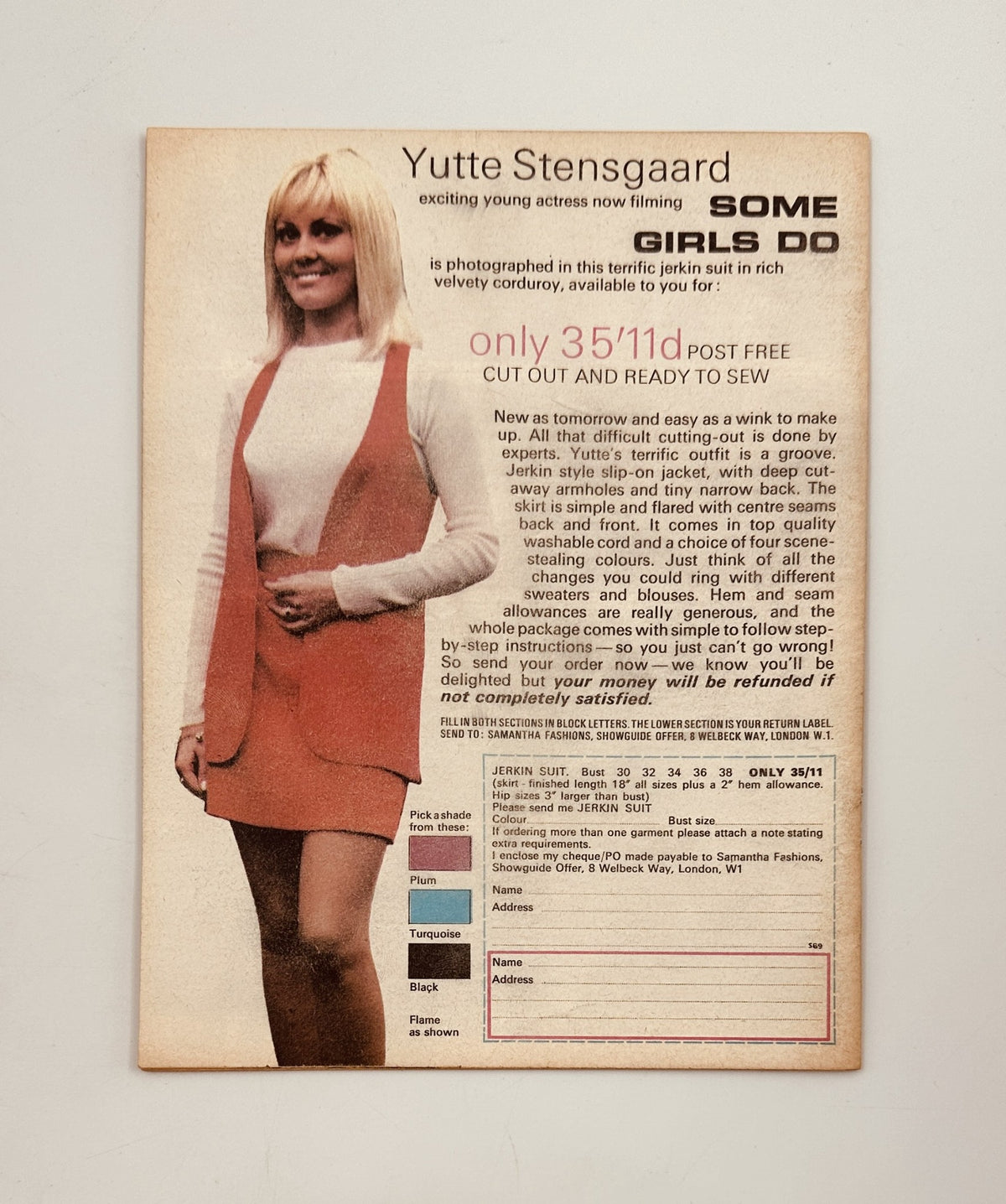 Back cover of Showguide Magazine January 1969 featuring Yutte Stensgaard modeling a fashion design, emphasizing vintage style in magazine layouts.