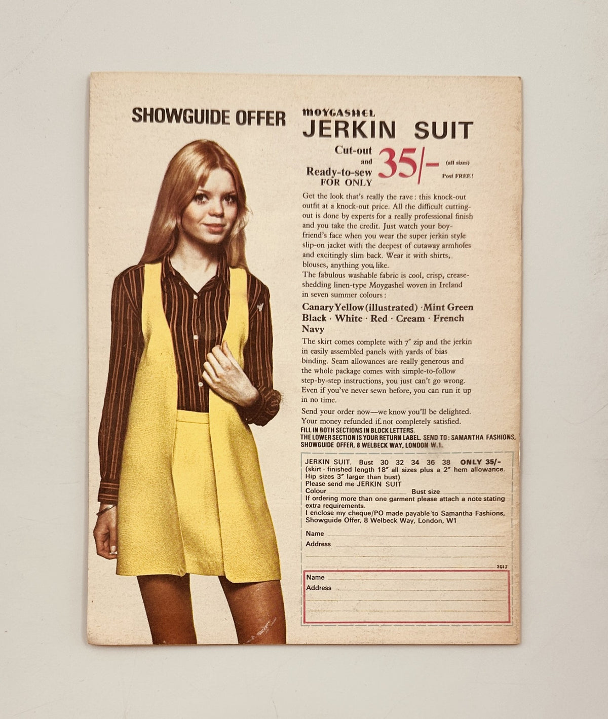 Back cover of Showguide Magazine from June 1969 featuring a promotion for a Jerkin Suit pattern, showcasing a retro fashion design. The text highlights the offer for the suit cut-out and includes details in a vintage layout.
