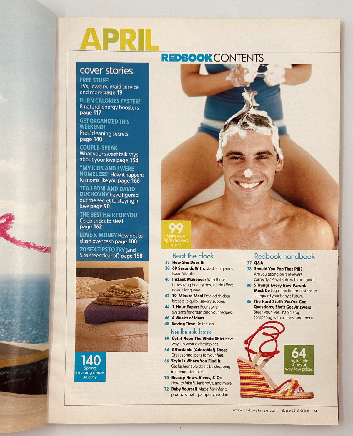 April 2005 issue of Redbook Magazine featuring a table of contents layout, highlighting articles such as 'Burn Calories Faster' and 'Couple-Speak,' showcasing seasonal trends in beauty and lifestyle.