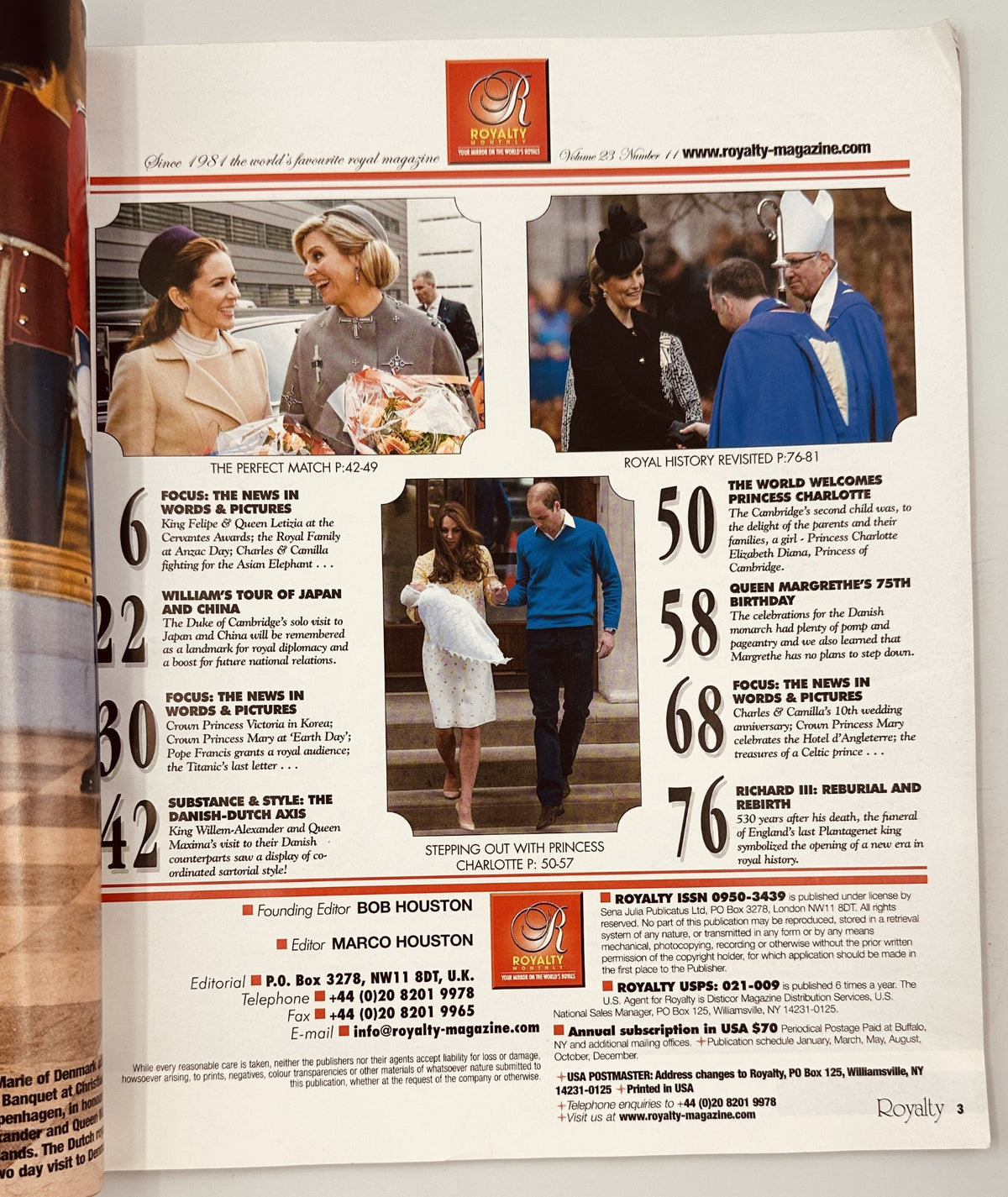 Royalty Monthly Magazine June/July 2015 featuring a page from the issue, showcasing content highlights including 'The Perfect Match' and 'Royal History Revisited.' The magazine is in very good condition with a protective plastic sleeve.