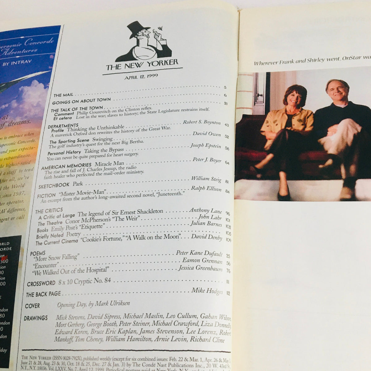 Interior page of The New Yorker Full Magazine, April 12, 1999, showcasing the table of contents and featuring articles and contributors, reflective of the cultural context of the late 1990s.
