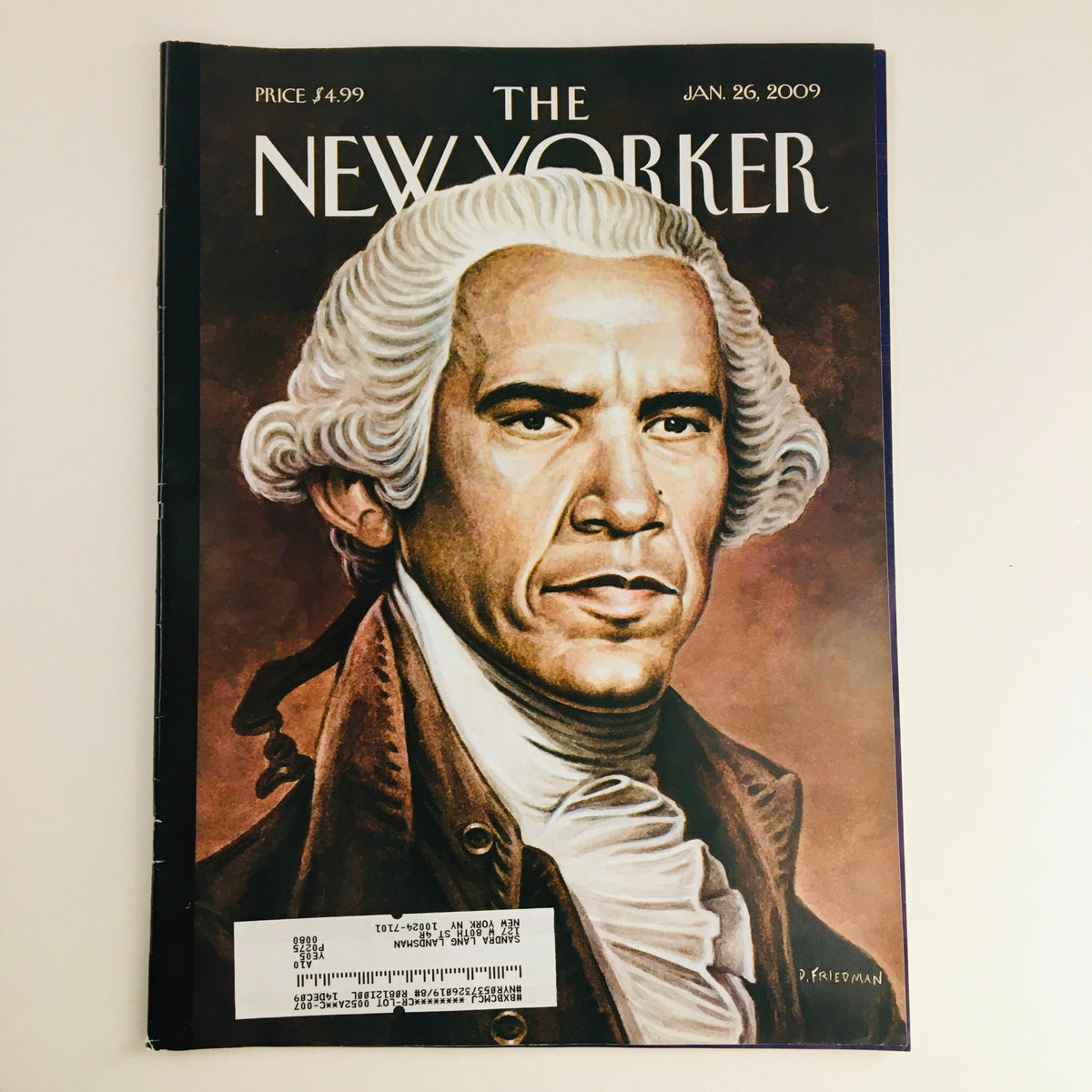 The New Yorker January 26 2009 Full Magazine Theme Cover by Drew Friedman featuring a portrait of a distinguished gentleman with white hair and colonial attire.