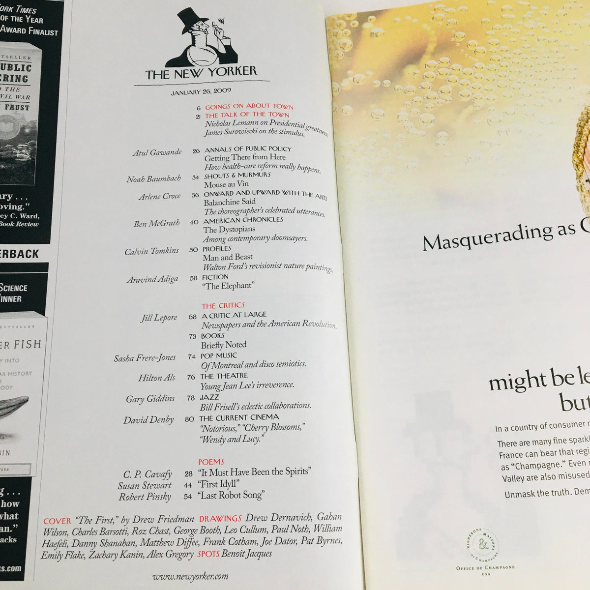 Inside page of The New Yorker January 26 2009 showing the contents list and features including articles and poems from notable contributors.
